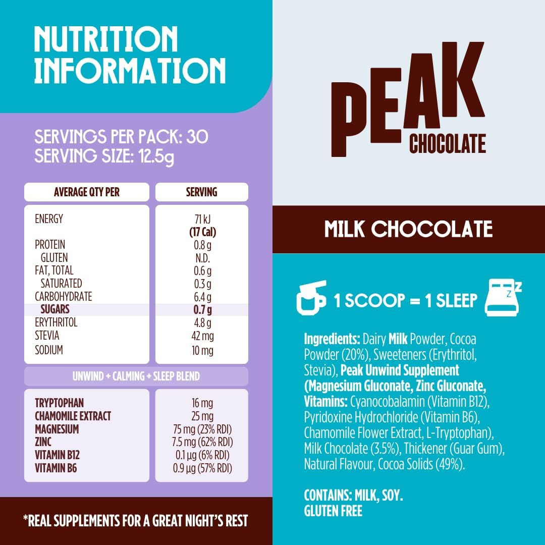 Peak Unwind Hot Chocolate Powder with Magnesium, Natural Sleep Aid - Sugar Free Milk Chocolate - Chamomile & Sleep Hot Chocolate, Keto-Friendly - 30 Servings image number 2
