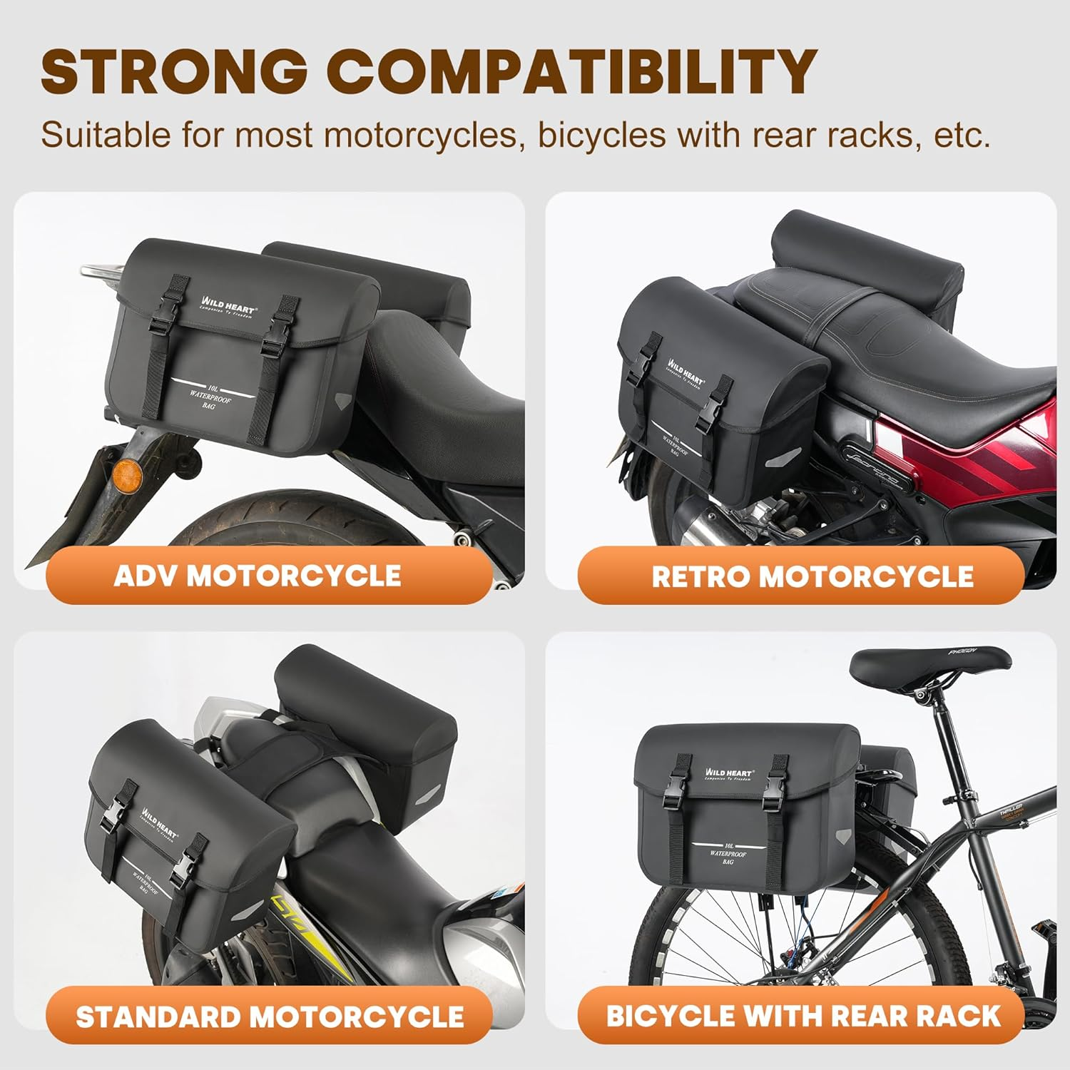 WILD HEART Motorcycle Saddlebags Waterproof Bag Retro Tail Bag 20L(10L*2) for Sportster Softtail Dyna Road King No Need for Rain Cover image number 4