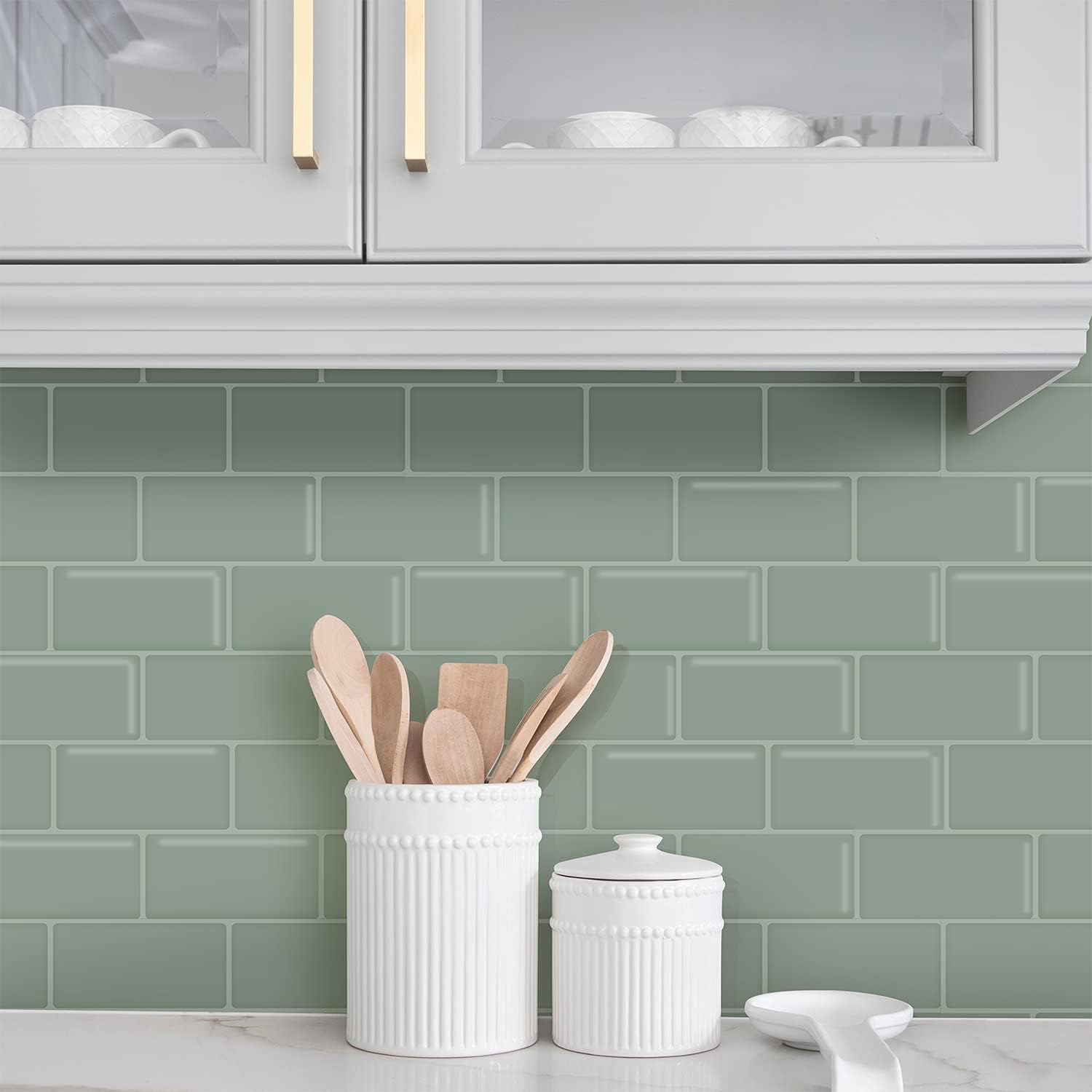 Neukids Pack of 10 30 X 13 Cm 3D Sage Green Tile Stickers, Kitchen Splashback, Adhesive Tiles, Green, 3D Tile Stickers, Waterproof, Beautiful, Kitchen, Bathroom, Laundry Room, Motorhomes, Travel