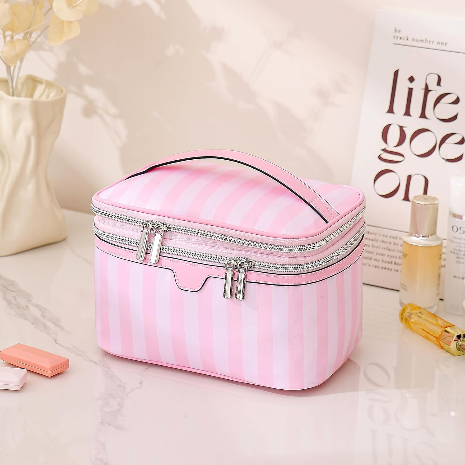 RSRSLEII Large Waterproof Double Layer Travel Makeup Bag, Aesthetic Nylon Striped Cosmetic Case，Coquette Traveling Toiletry Bag with Handle，Ideal for Women and Girls, 01Top Open, Striped and Colorful - 01Top Open image number 2