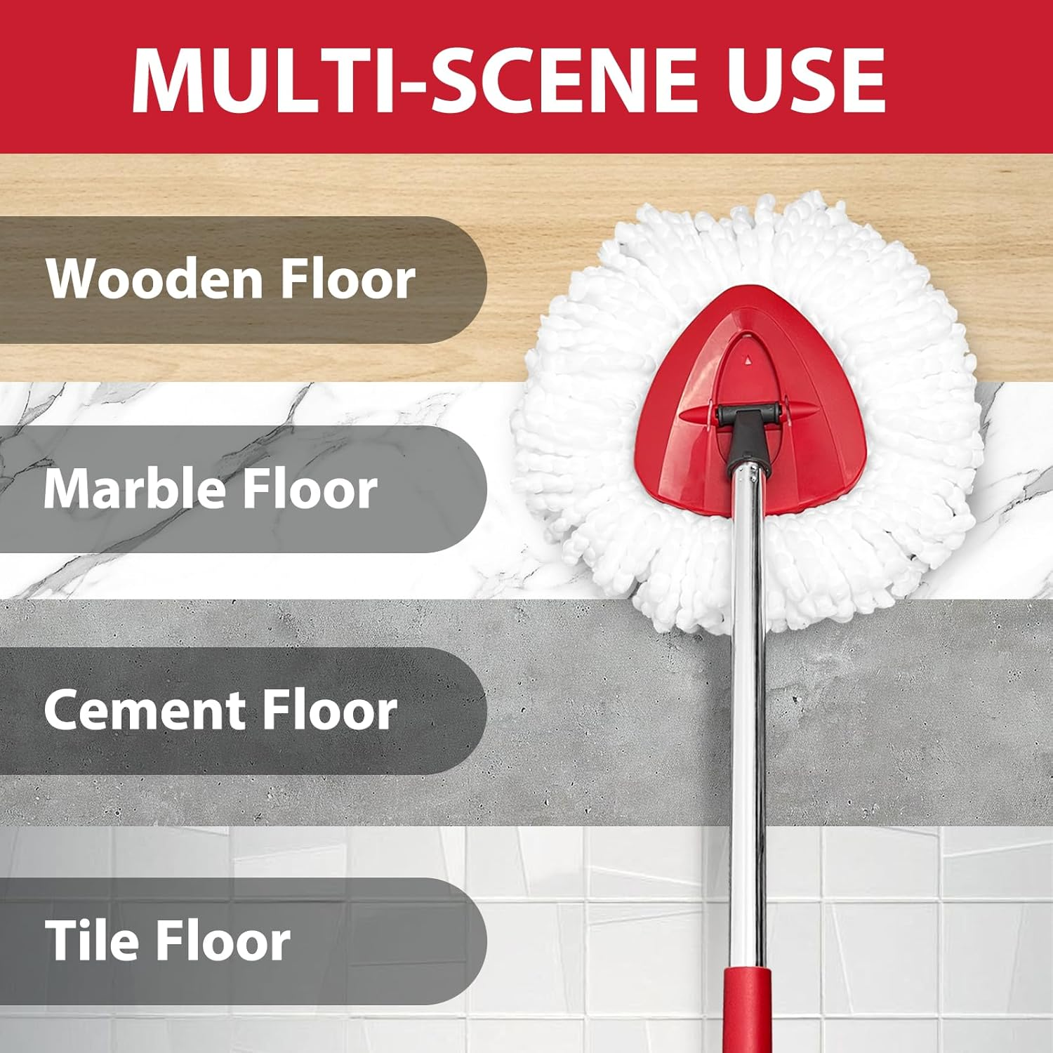 Nuorest Spin Mop Replacement Set for O-Ceda Easywring 1-Tank System, Includes 2 Mop Head Replacement, 1 Mop Handle (30-58In Adjustable 4-Section Pole), 1 Spin Mop Base image number 4