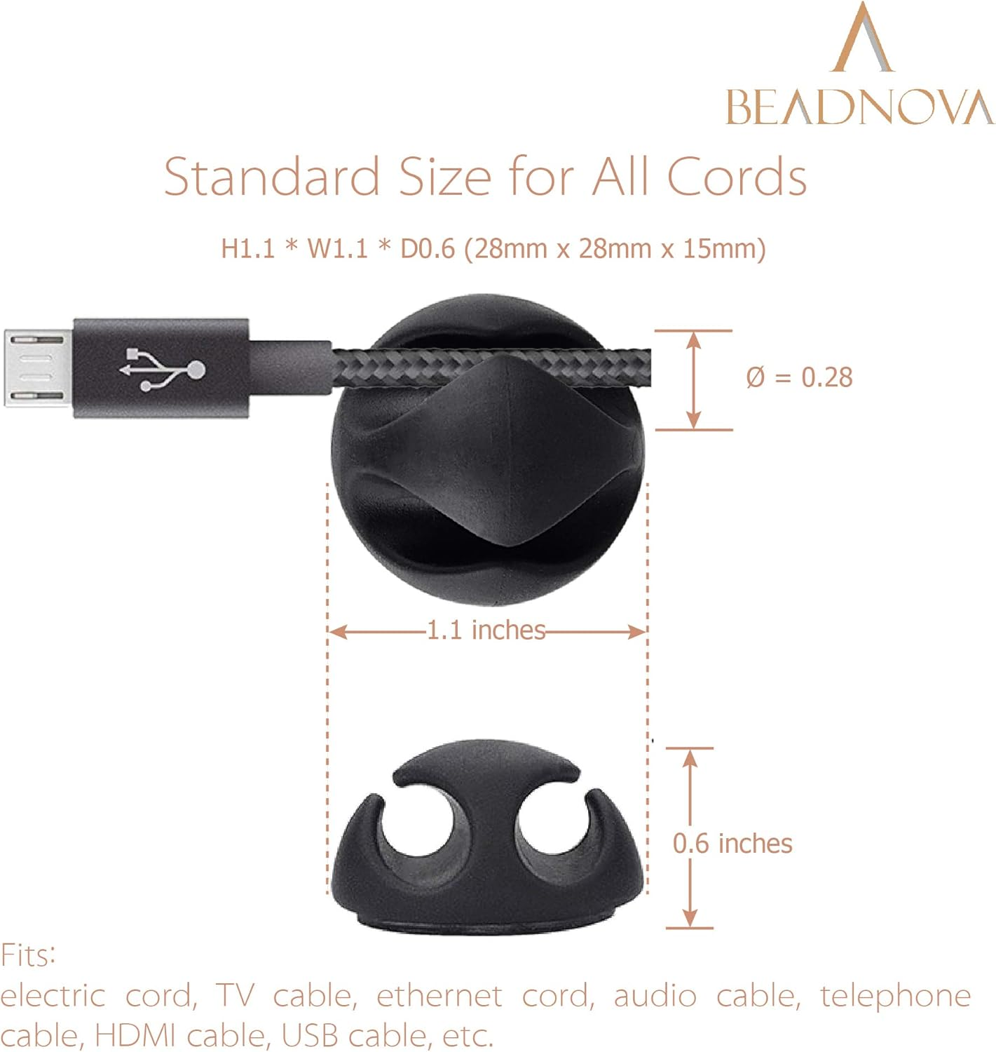 BEADNOVA Cable Clips Cord Organizer Cable Management Wire Cord Holder 2 Slots Adhesive Wire Holder for Car Charging Accessory PC Office Home (Black, 8 Pcs) - 1)1 Slots(8 Pcs) image number 4