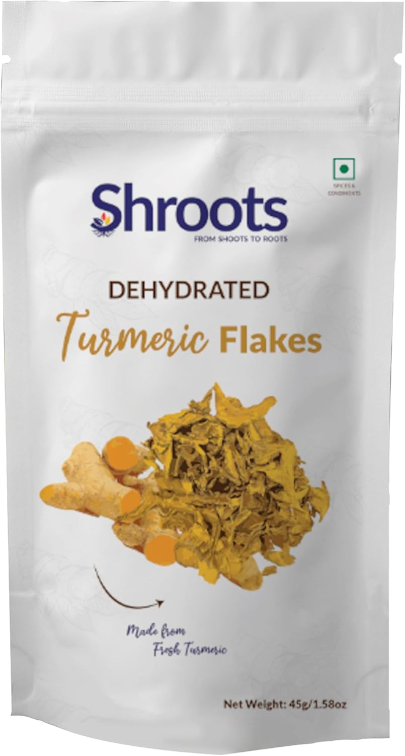 SHROOTS Dehydrated Turmeric Flakes Pure Vegetarian Gluten-Free No Added Salt Easy Cooking Essential Machine Dried Vegetables with Natural Aroma Ideal for Camping or Everyday Meals 1.59 Oz, Pack of 1 image number 1