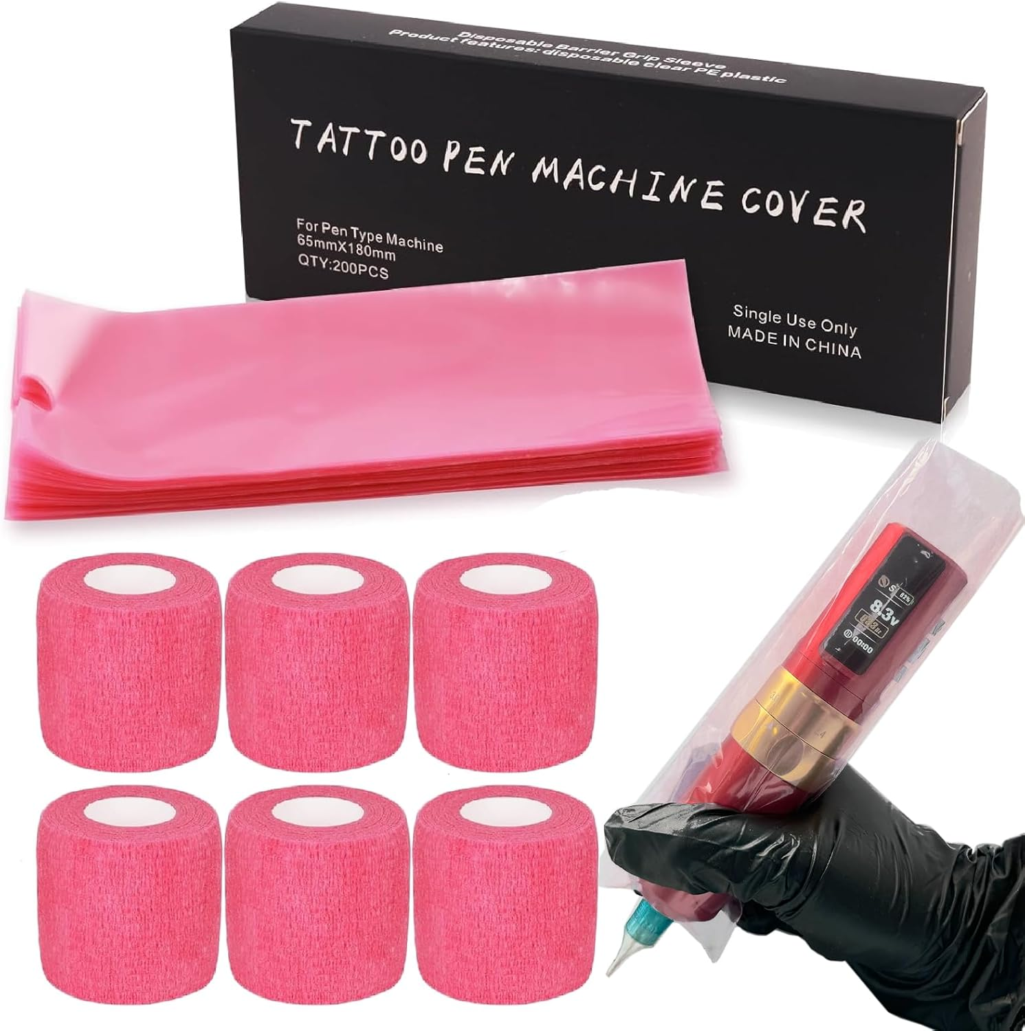 206PCS Tattoo Machine Covers with Grip Wrap - SOTICA 200PCS Pink Tattoo Pen Covers 2.56&times;7.1" Machine Wraps and 6PCS Black Self-Adhesive Bandage for Tattoo Supplies image number 2