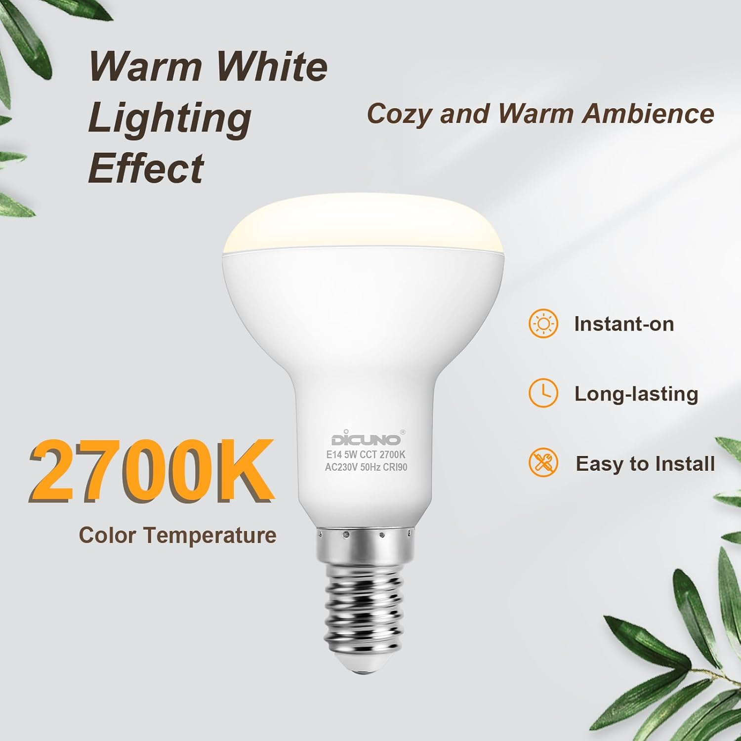 Dicuno E14 LED Light Bulb, R50 Reflector Bulbs 5W, 550LM, 50W Equivalent, Warm White 2700K, SES LED Spotlight, CRI90, Non-Dimmable, Pack of 6 - Daylight White image number 3