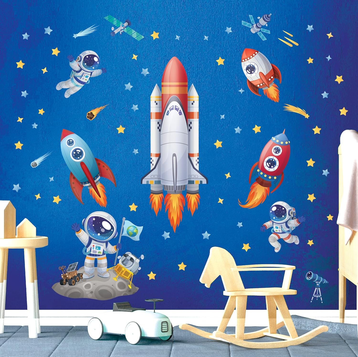 DECOWALL SG2-2416 Rocket Astronaut Wall Stickers Decals Kids Bedroom D&eacute;cor Nursery Boys Galaxy Stars Outer Space Planets Solar System Dark Removable Decoration Living Spaceship Window Art Mural Peel image number 5