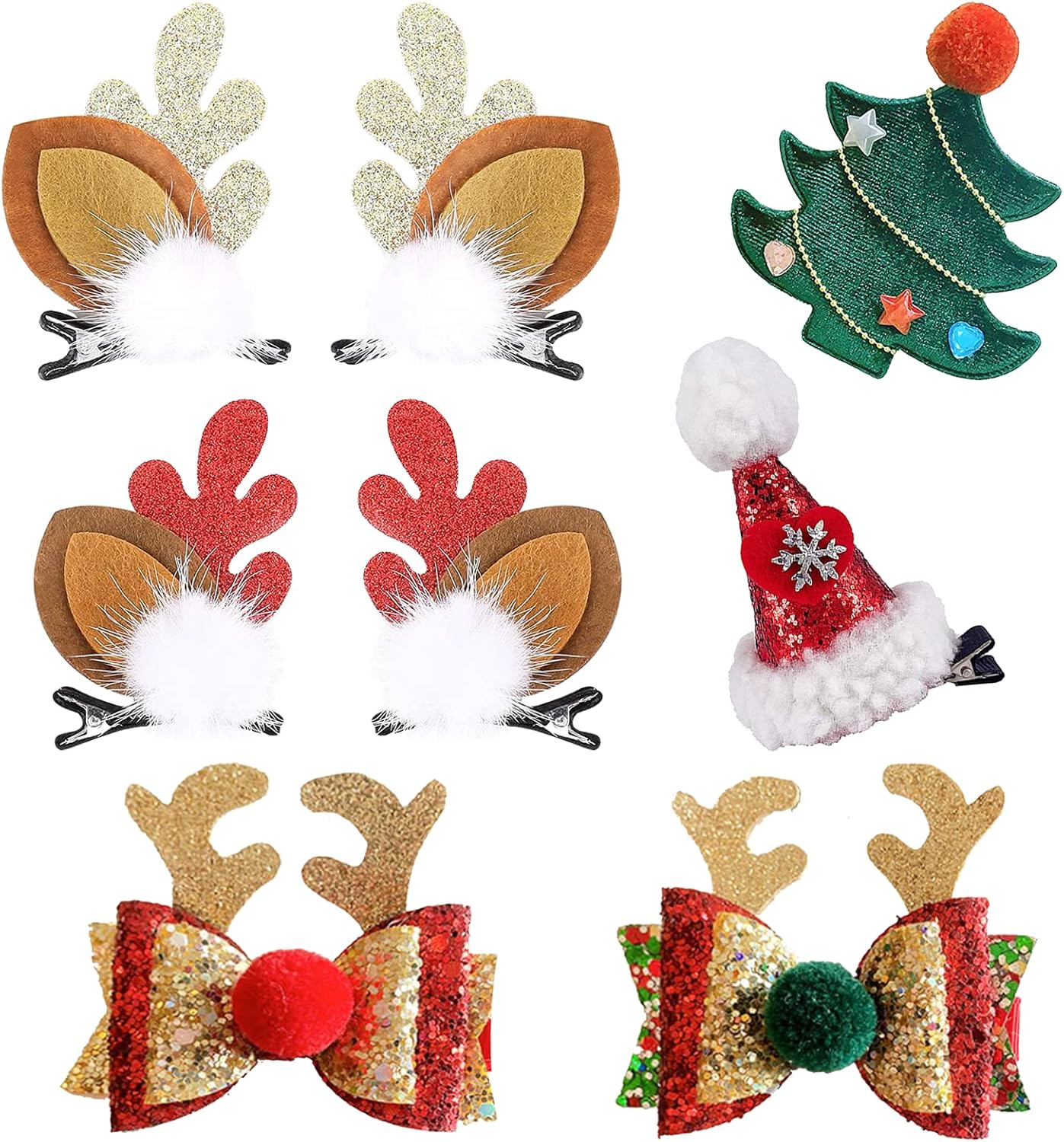 Nbjiuyin 8Pcs Christmas Hair Clips Cute Decorative Cute Hair Accessories Antlers Headdress Hairpin Christmas Tree Hat Hair Bows for Girls Women Kids Gifts