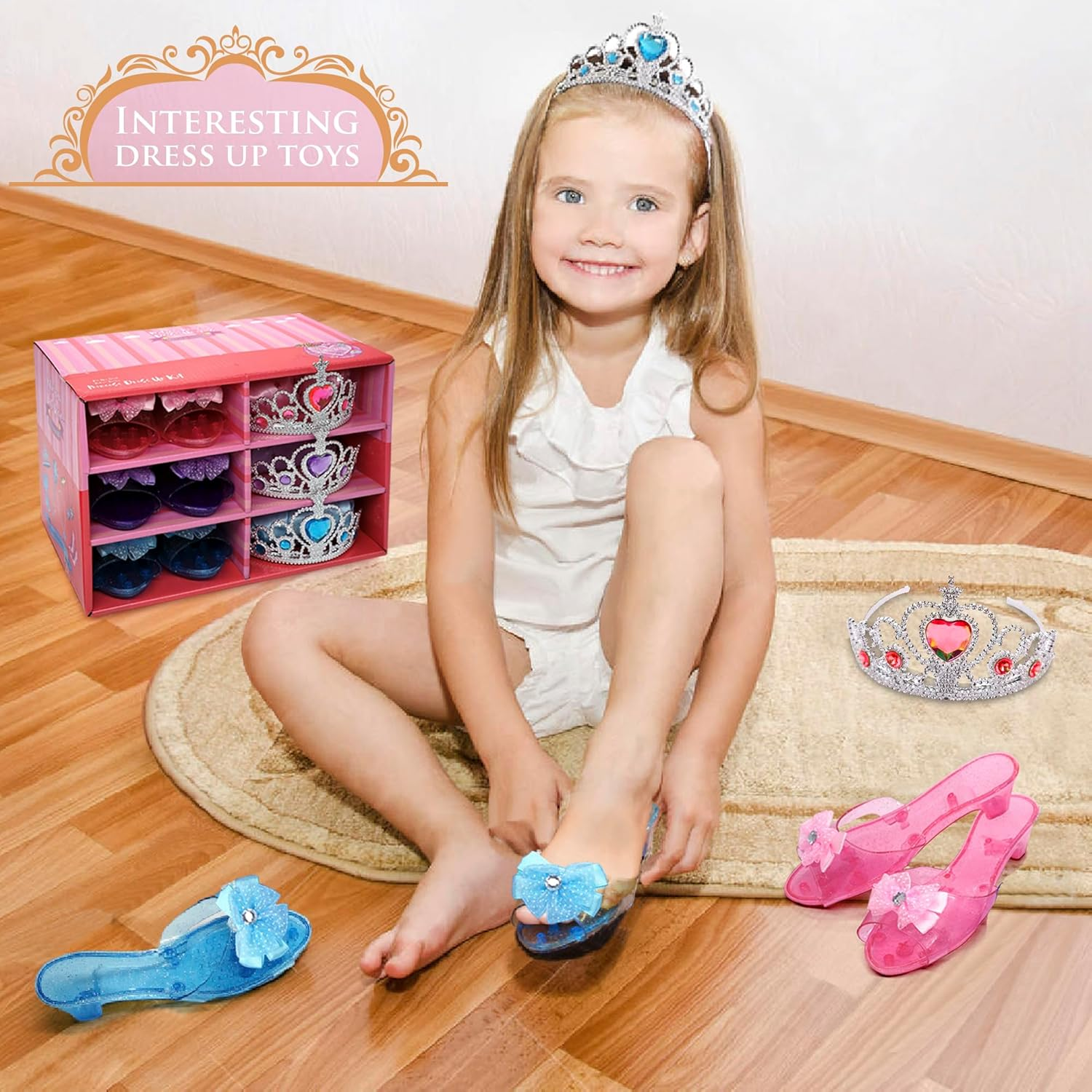 Princess Dress up Shoes Jewelry Set, Toys for Girls Shoes Costumes Set Incl Color Skirts, Shoes, Crowns, Earring, Bracelet, Ring, Kids Christmas Party Role Play Birthday Gifts for 3-6 Year Old Girl image number 4