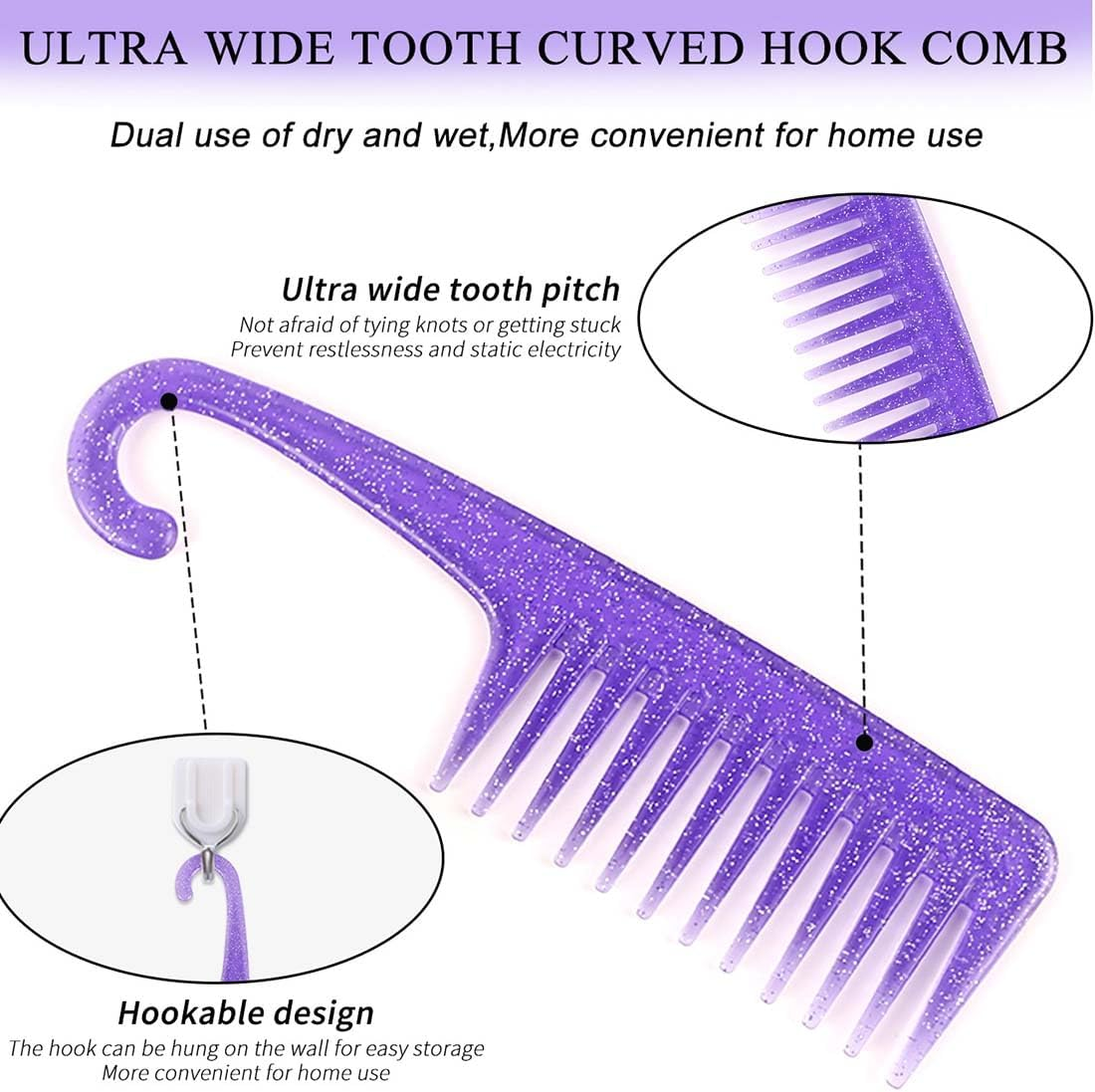 SULIUDAJI Set of 3 Curling Comb, Hair Styling Comb, Massage Comb, Wide Tooth Comb, Hair Comb Made of Carbon Fibre, Anti-Static, Heat Resistant Wide Tooth Comb, with Hook Handle, for Curls and Long