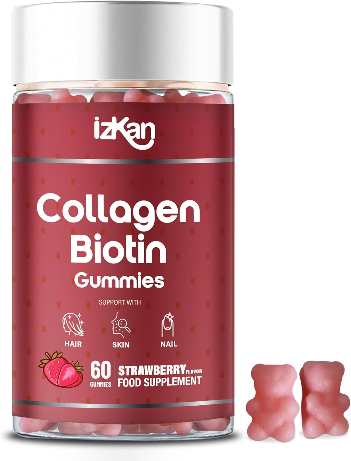 Collagen Gummies with Zinc, Biotin, Vitamin C & E &ndash; Type 1 Hydrolysed Collagen for Hair Glowing Skin Nails & Joint Support &ndash; High Absorption, Gluten-Free, Natural Strawberry Flavour &ndash; 60 Gummies (1) image number 3