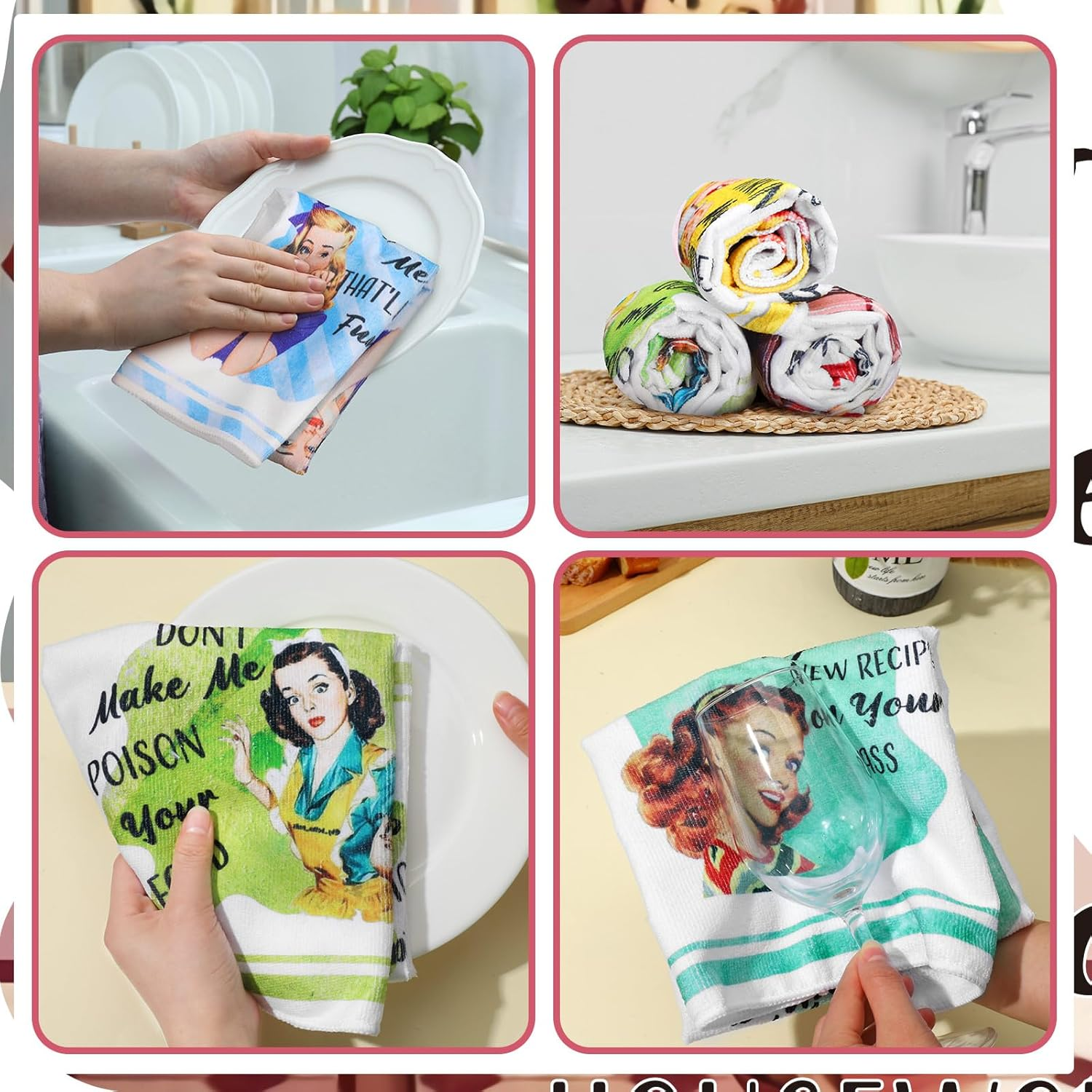 Vitalcozy 6 Pcs Funny Kitchen Towel Set Funny Housewife Dish Towel Farmhouse Rustic Bath Hand Towel for Holiday Christmas Bathroom Gift, 24 X 16 Inches image number 2