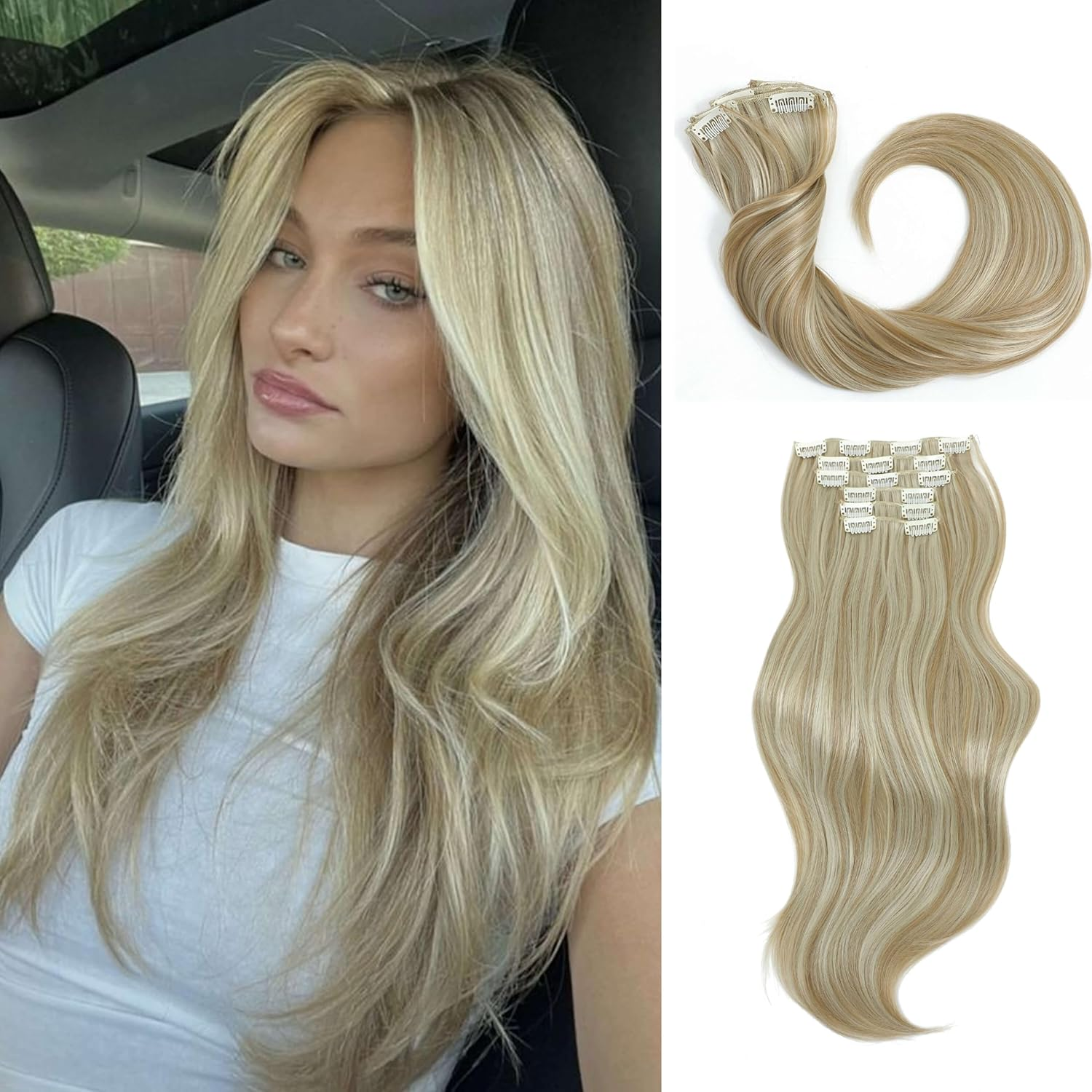 FINE plus Clip-In Extensions, 6 Pieces, Long Wavy Hair Extensions, Synthetic Extensions, Double Weft Hair, Full Head, Seamless Hairpiece for Women (77.33 Cm, Dark Blonde with Highlights)