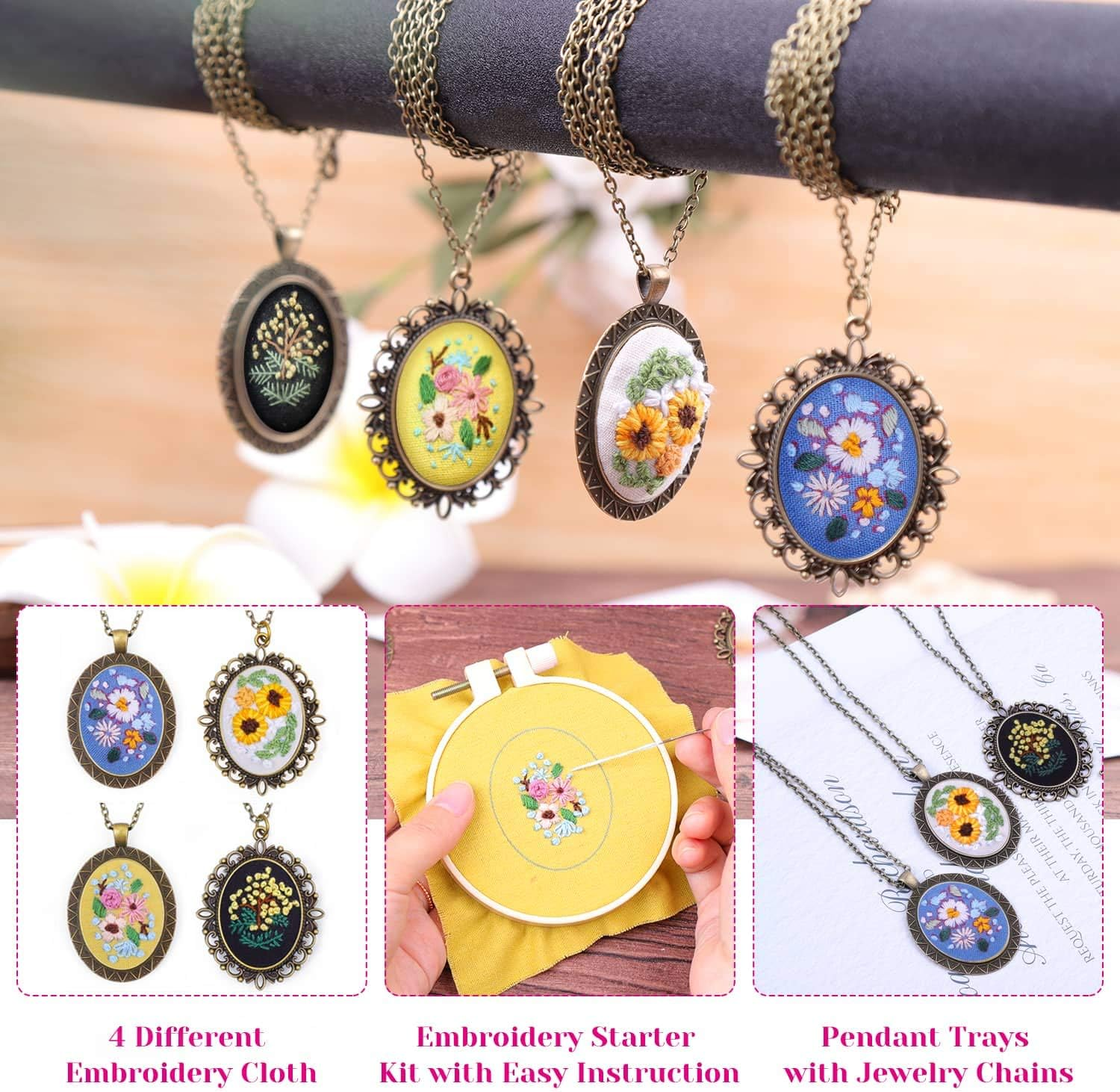 Embroidery Pendant Kit for Beginners, Shynek Embroidery Starter Kit with Pattern and Instructions Cross Stitch Kit Including Pendant Trays Embroidery Clothes with Floral Pattern, Embroidery Hoops image number 1