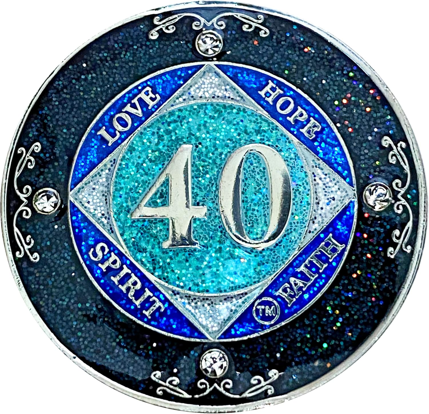 (Years 1-50) NA 40 Year Crystals and Glitter Medallion, Silver Color Plated Coin, Black Rainbow, Blue Glitter and Four Clear Crystals, Epoxy Covered (NA 40 Year Glitter & Crystals Medallion) image number 2