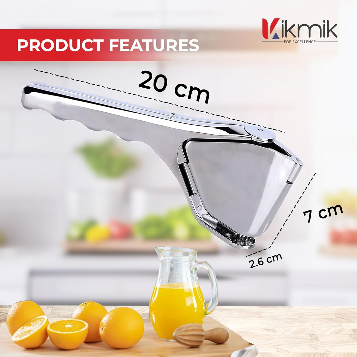 Kikmik Stainless Steel Lemon Squeezer - Handheld Citrus Squeeze Manual Juicer with Space-Saving Ergonomics Design & Sideways Pivot for Maximum Juice Yield- (Silver). image number 6