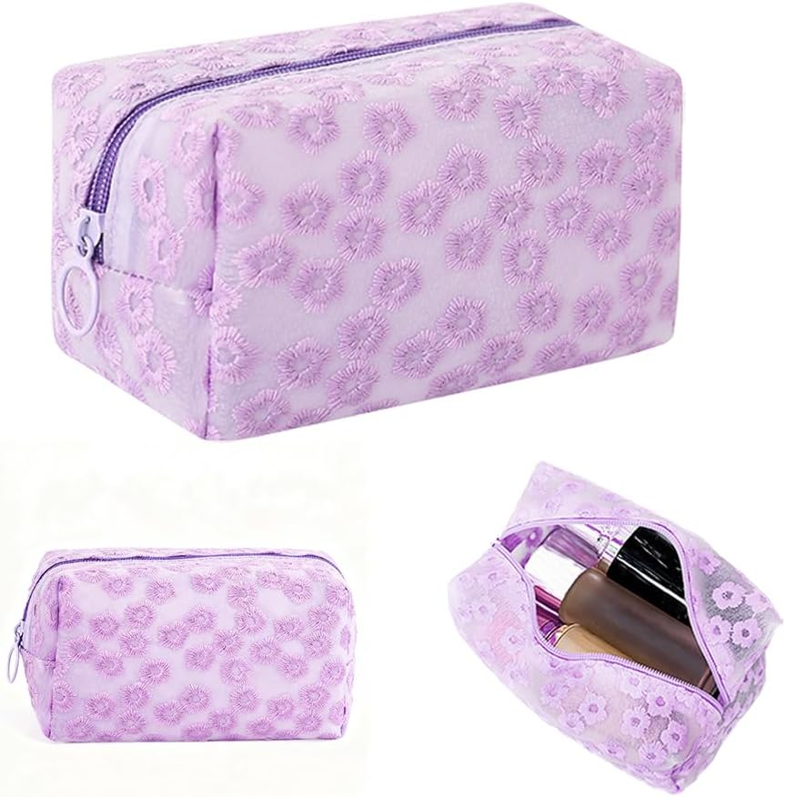 MSLSOZ Flower Embroidered Plastic Makeup Bag, Semi Transparent Makeup Bags with Design, Waterproof Small Makeup Bag for Handbag, Women'S Beauty Bag, for Daily Use, Travel or as a Gift (Purple). image number 2