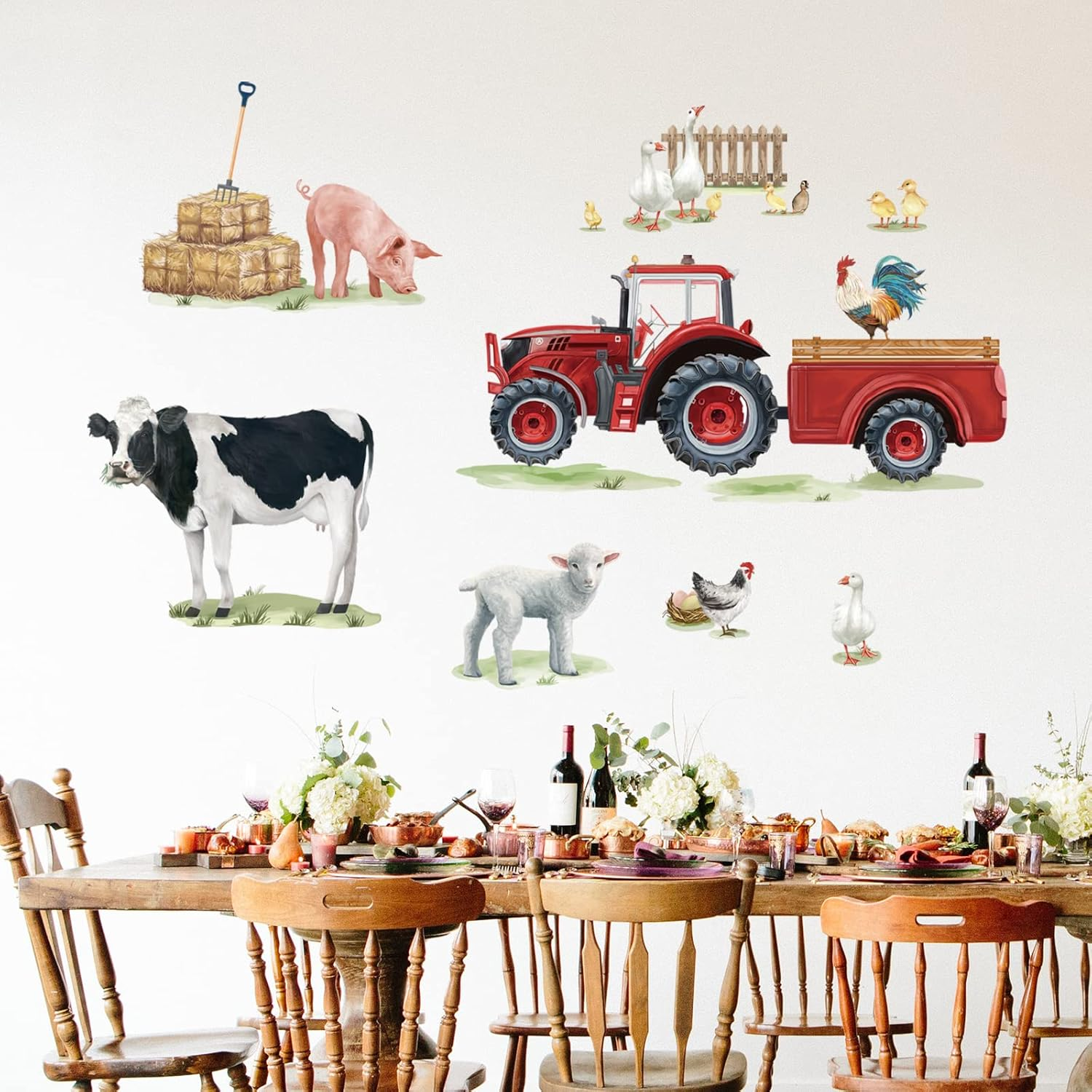 Wondever Farm Animals Cow Wall Stickers Farmhouse Truck Roosters Peel and Stick Wall Art Decals for Kitchen Living Room Kids Room image number 2