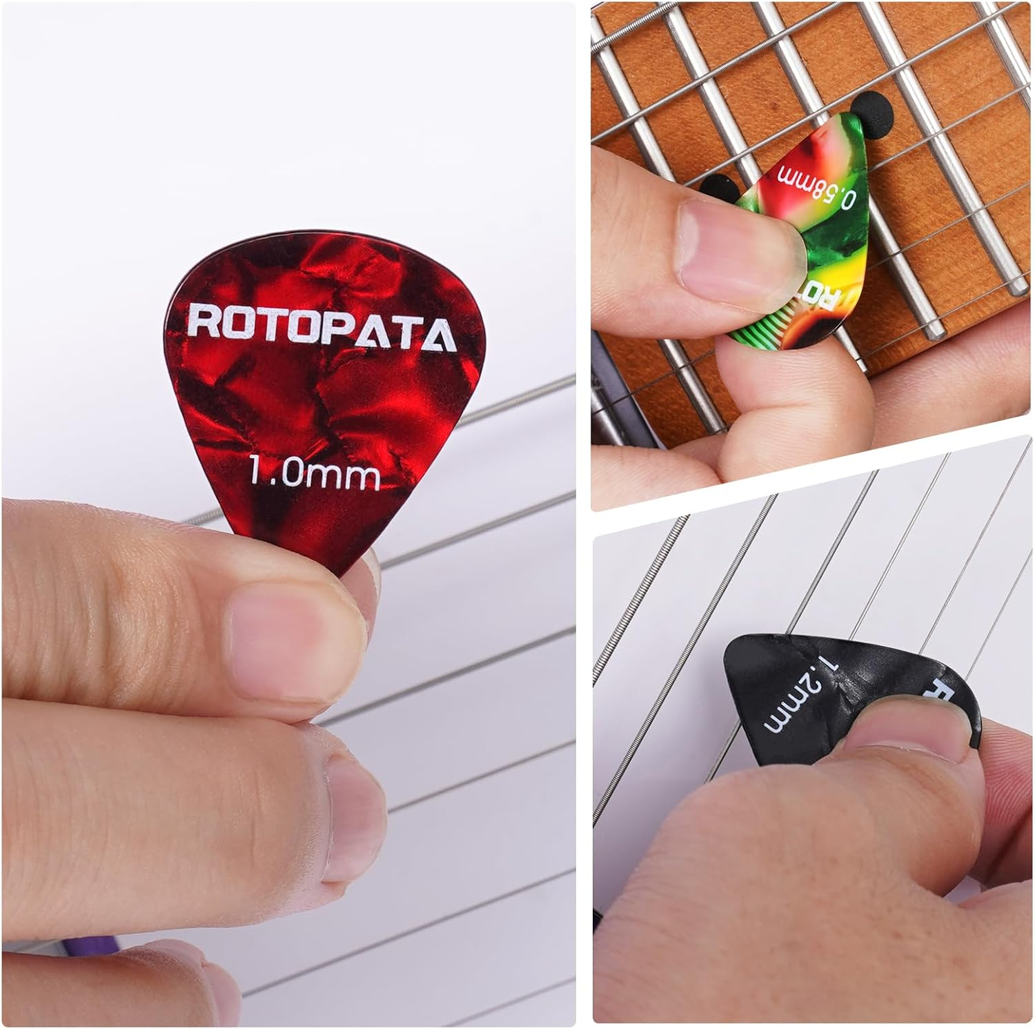 18 Pack Celluloid Guitar Picks with Organizer Storage Box & Holder Case,0.5 0.57 0.75 0.84 1.0 1.2 Mm Six Timbres and Touch Thicknesses & Variety Colorful Plectrums for Bass Electric Acoustic Ukulele