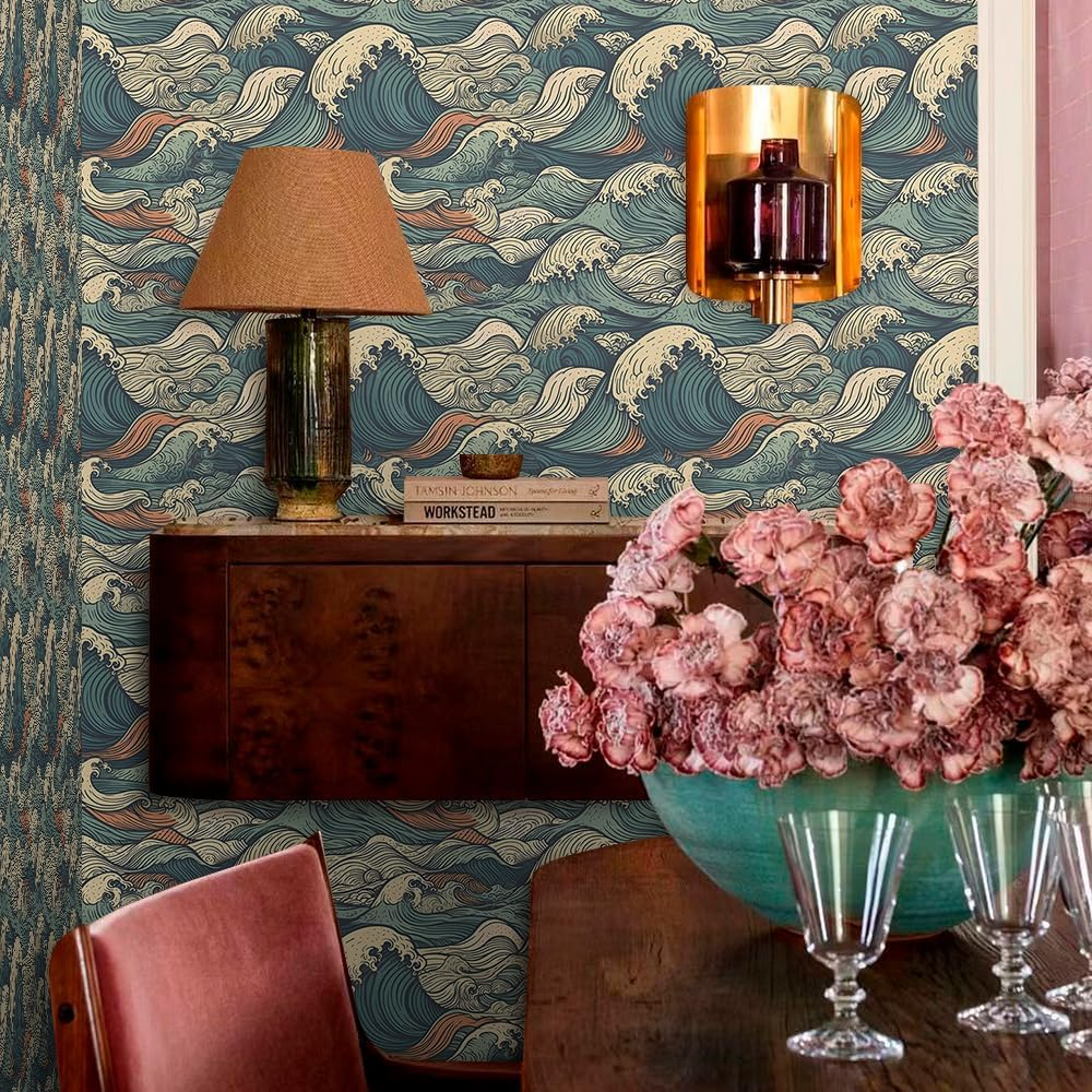 Muralpeel Vinatge Janpanese Sea Wave Blue/Yellow Mosaic Peel and Stick Wallpaper Self Adhesive image number 4