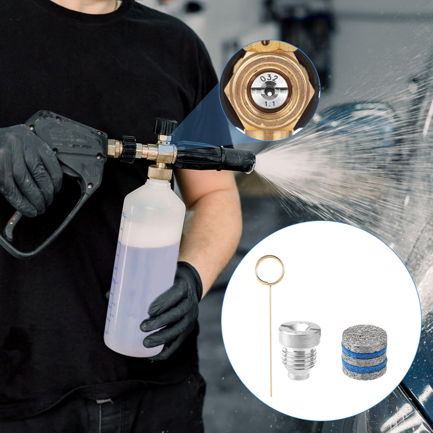 0.04In Foam Cannon Orifice Nozzle Tips, Universal Foam Cannon Nozzle 3000 PSI Foam Cannon Nozzle with 3 Foam Maker Mesh 2 Cotton Pads Cleaning Needle for Snow Foam Lance Replacement image number 4