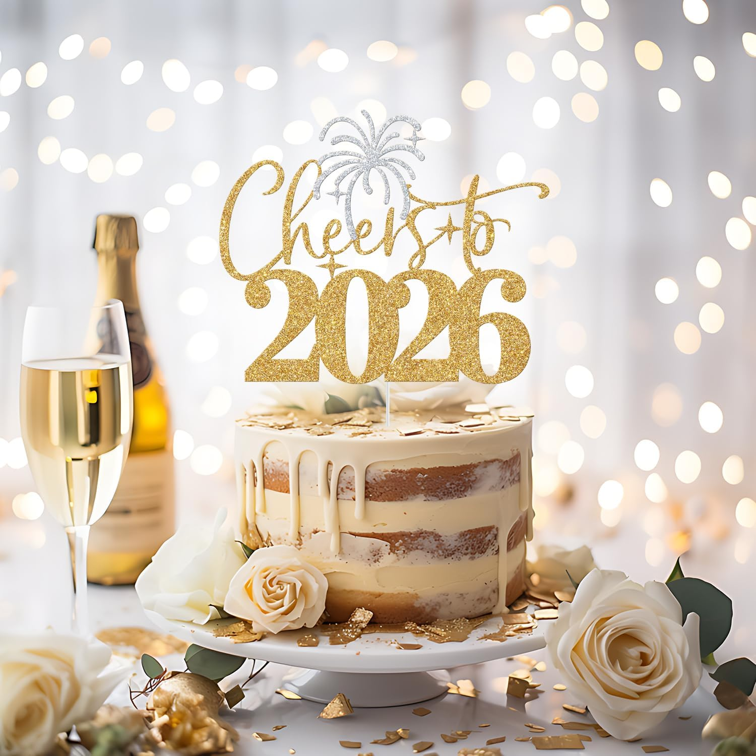 Cheers to 2025 Cake Topper, Happy 2025 Cake Decoration, Hello 2025, New Year Eve Party Decoration, Happy New Year Party Decorations Gold & Sliver Glitter image number 5