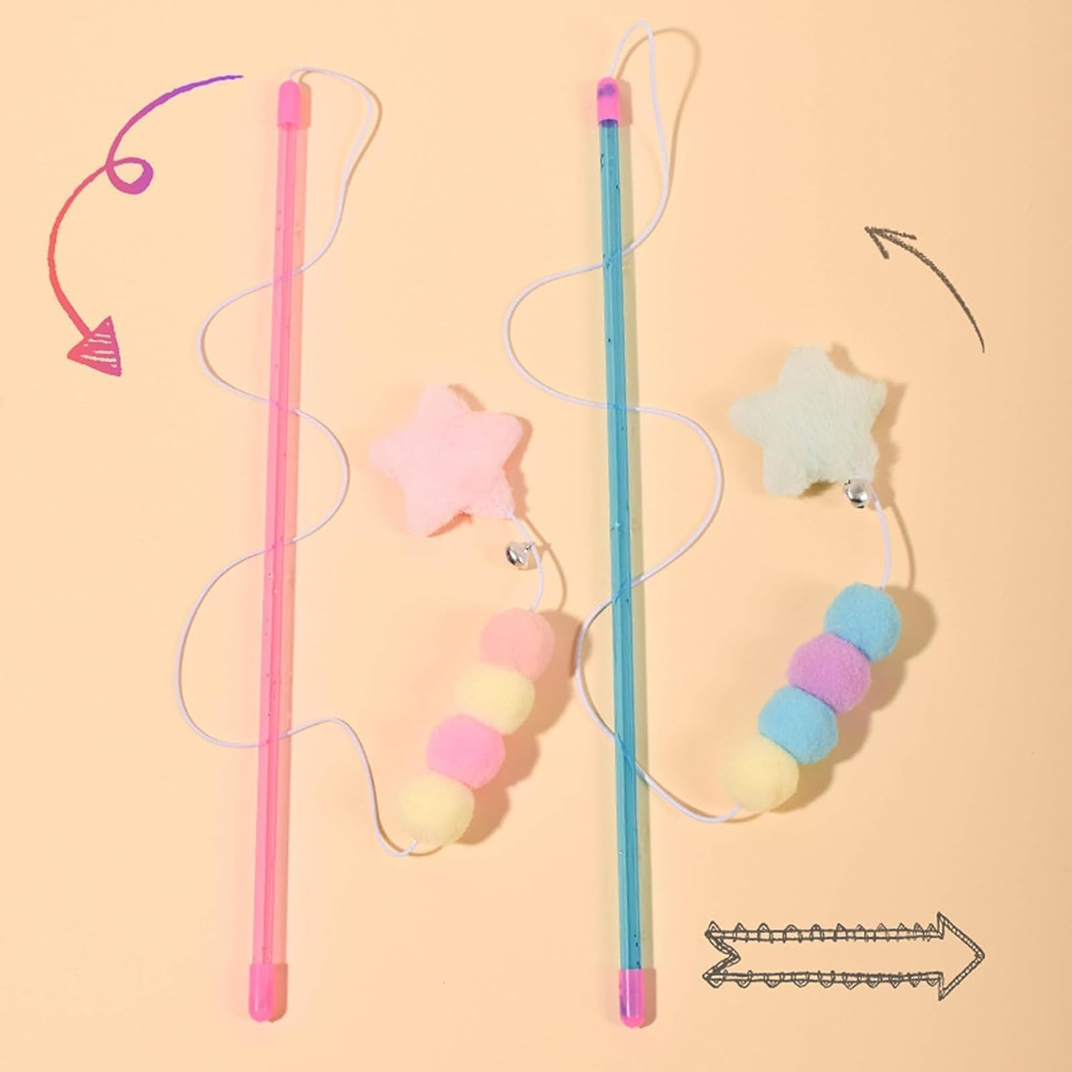 Hehglng Pink Cat Stick Toy Elastic Rope Plush Ball Star Pendant Bite-Resistant Comfortable Grip Relieve Boredom Handmade Kitten Teaser Wand Cat Mice and Animals Toys image number 2
