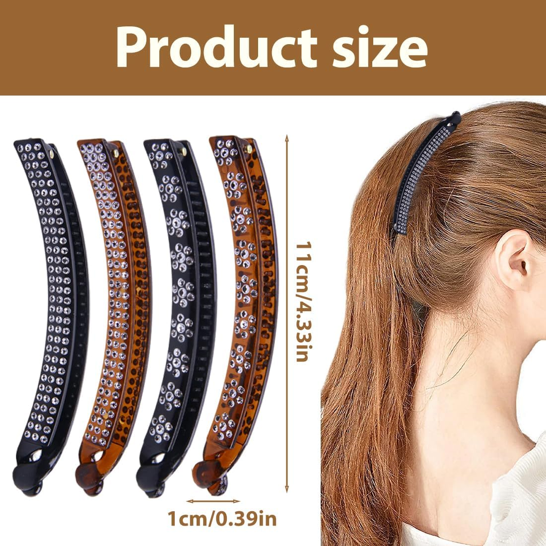 ARHZ 4 Hair Clips 11 Cm Plastic Banana Clip Explosive Black Hair Clip with Diamond, Japan and South Korea Simple Ponytail Clip, Vertical Plate Hair Clip image number 4