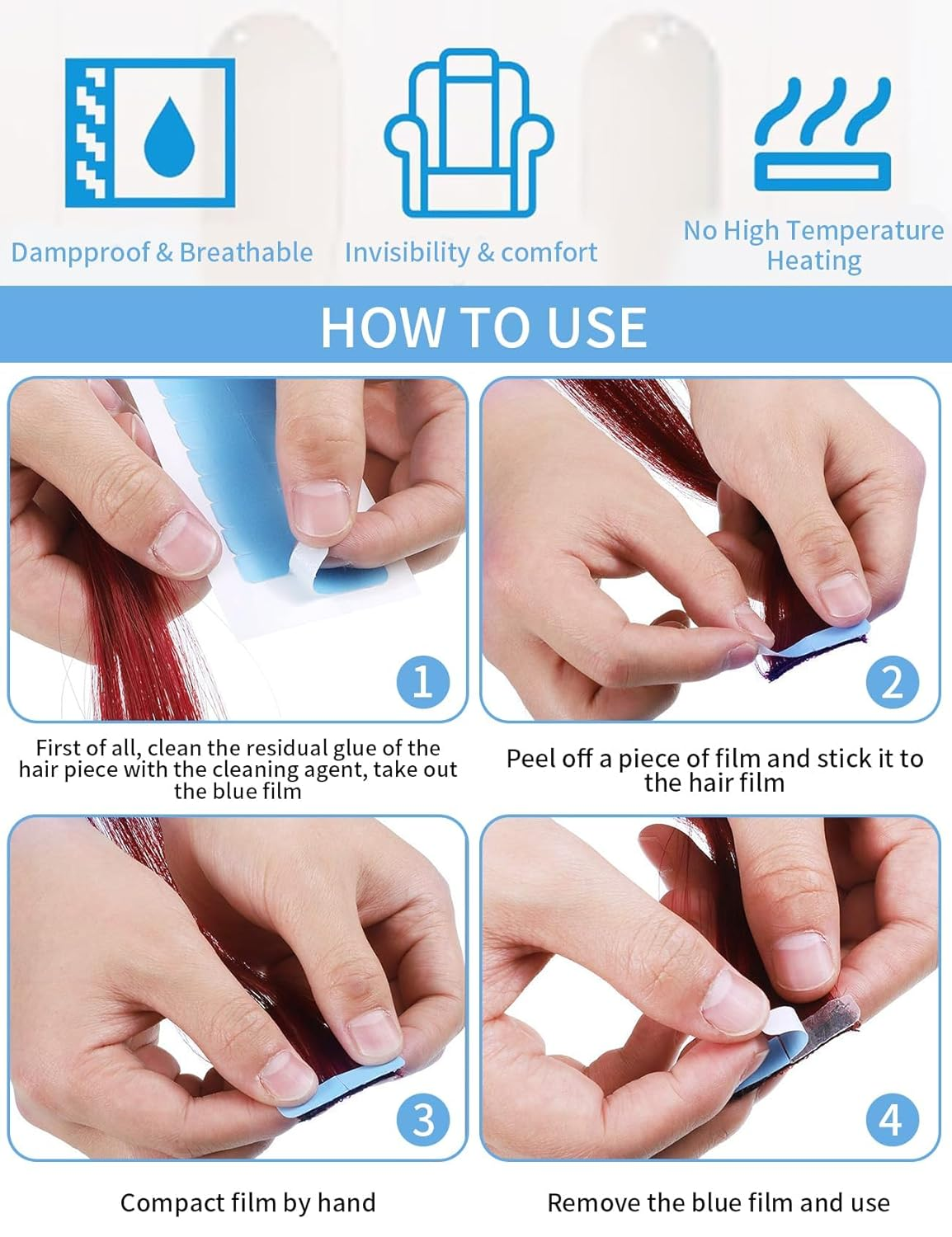 180 Pcs Hair Extension Tape Taps, Double Sided Adhesive Hair Extension Tape Replacement, Professional Strong No-Residue Bonding Tapes (Blue)