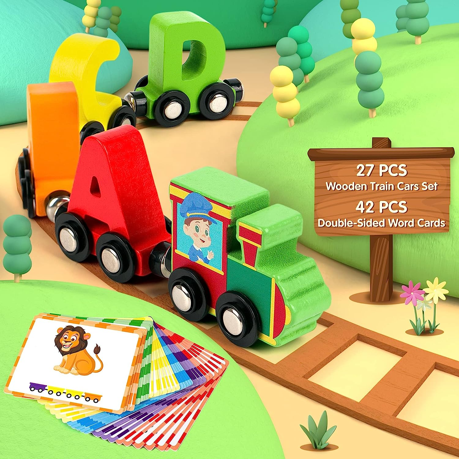 Vanmor 27 PCS Magnetic Wooden Alphabet Train Sets, ABC Letter Learning Toy Trains with 42 PCS Flash Cards, 1 Engine, 1 Storage Bag, Toddlers Kids Boys Girls Educational Toys Aged 3-7 New Year'S Gifts image number 4