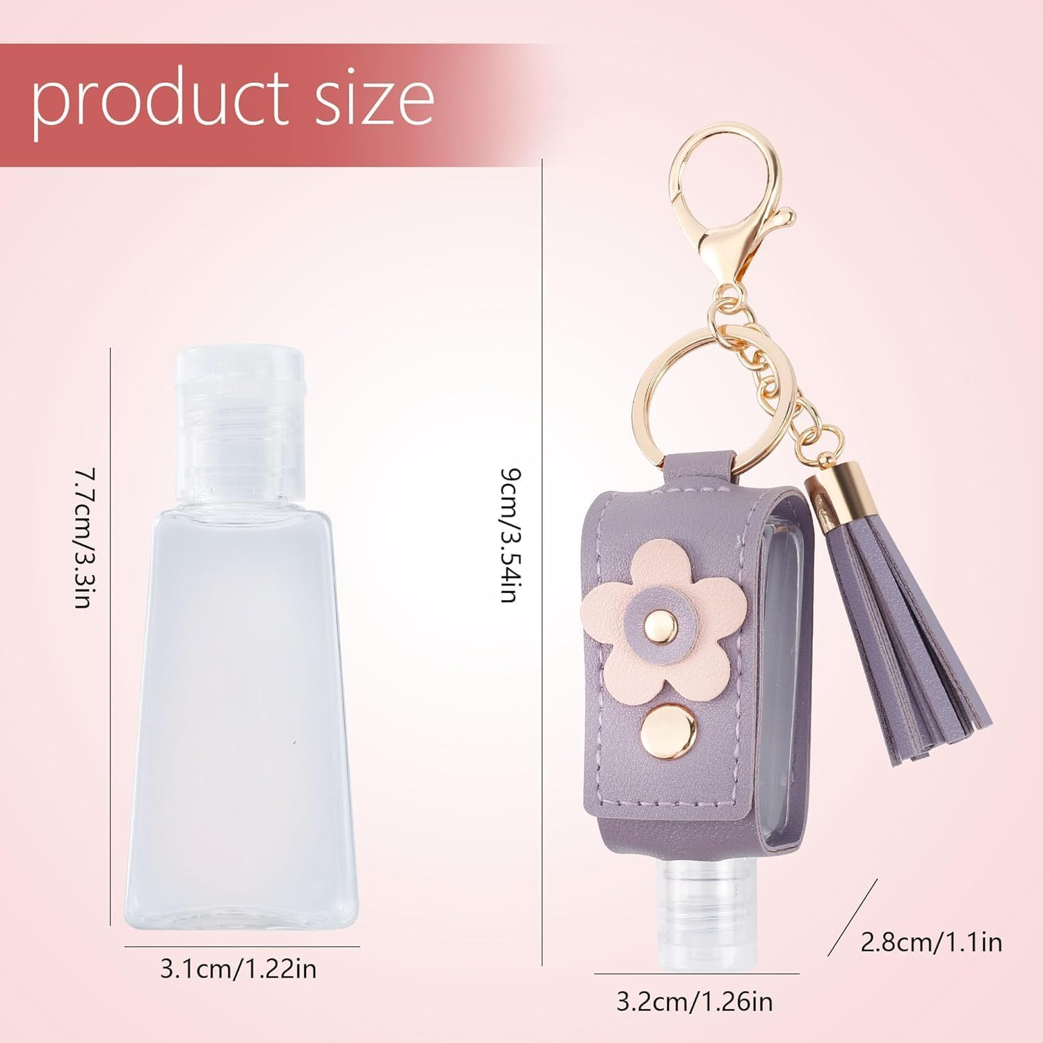 4Pcs Hand Sanitizer Keychain, Portable Leather Empty Bottles, 30Ml Squeeze Bottle Refillable Containers, Cute Hand Sanitizer for Toiletry Lotion Liquid Soap Shampoo (Pink, Blue, Purple, Yellow) image number 3