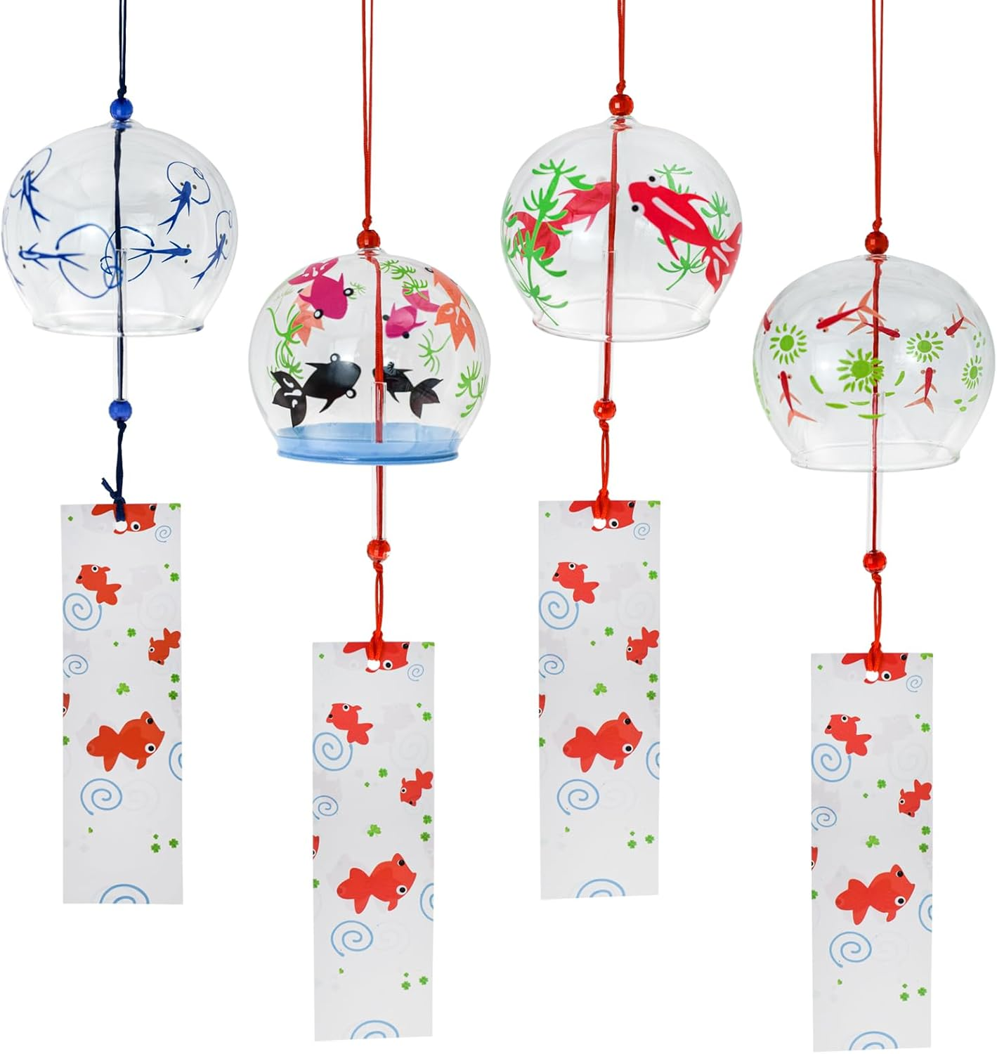 Mrmrkura 4 Pcs Japanese Wind Chimes, Glass Goldfish Wind Chimes with Label for outside Decorative Wind Bells Pendants for Indoor Garden Backyard Home Decor (Sakura)