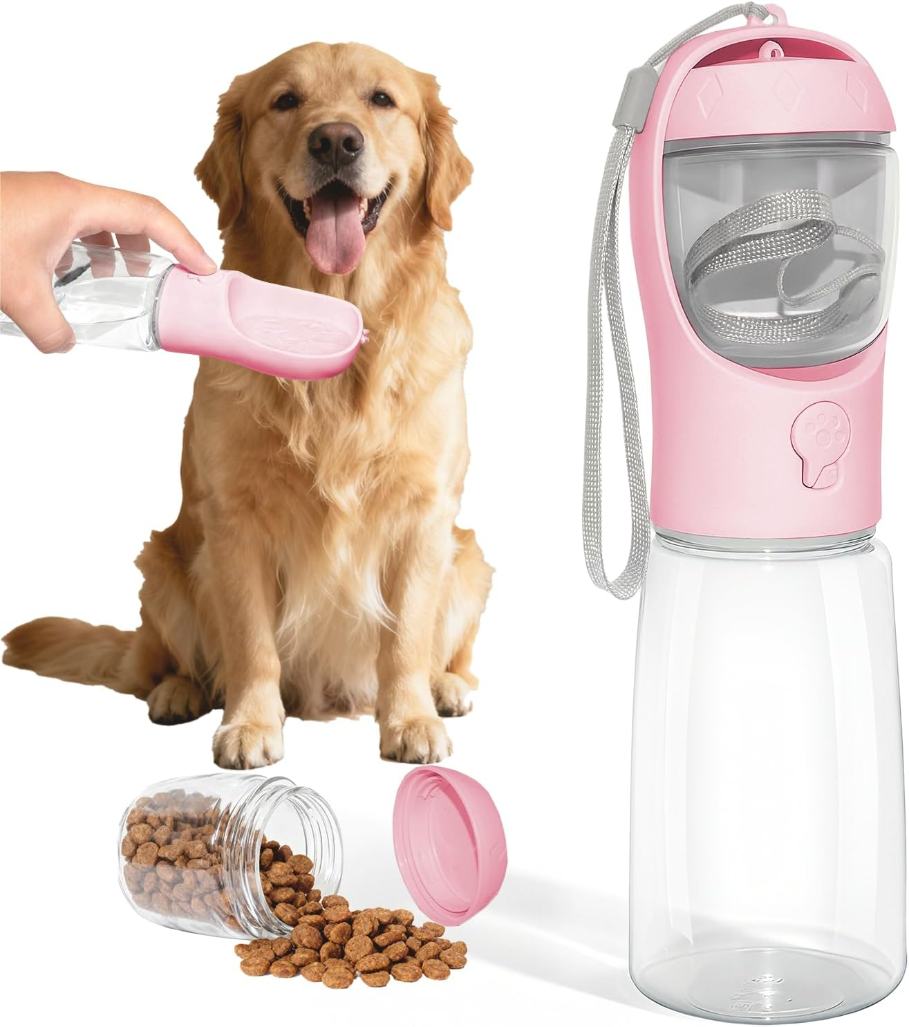 Dog Water Bottle, Multifunctional Portable Bottle with Food Container, Dogs Bottle Suitable for Outdoor Activities (Pink 12Oz)