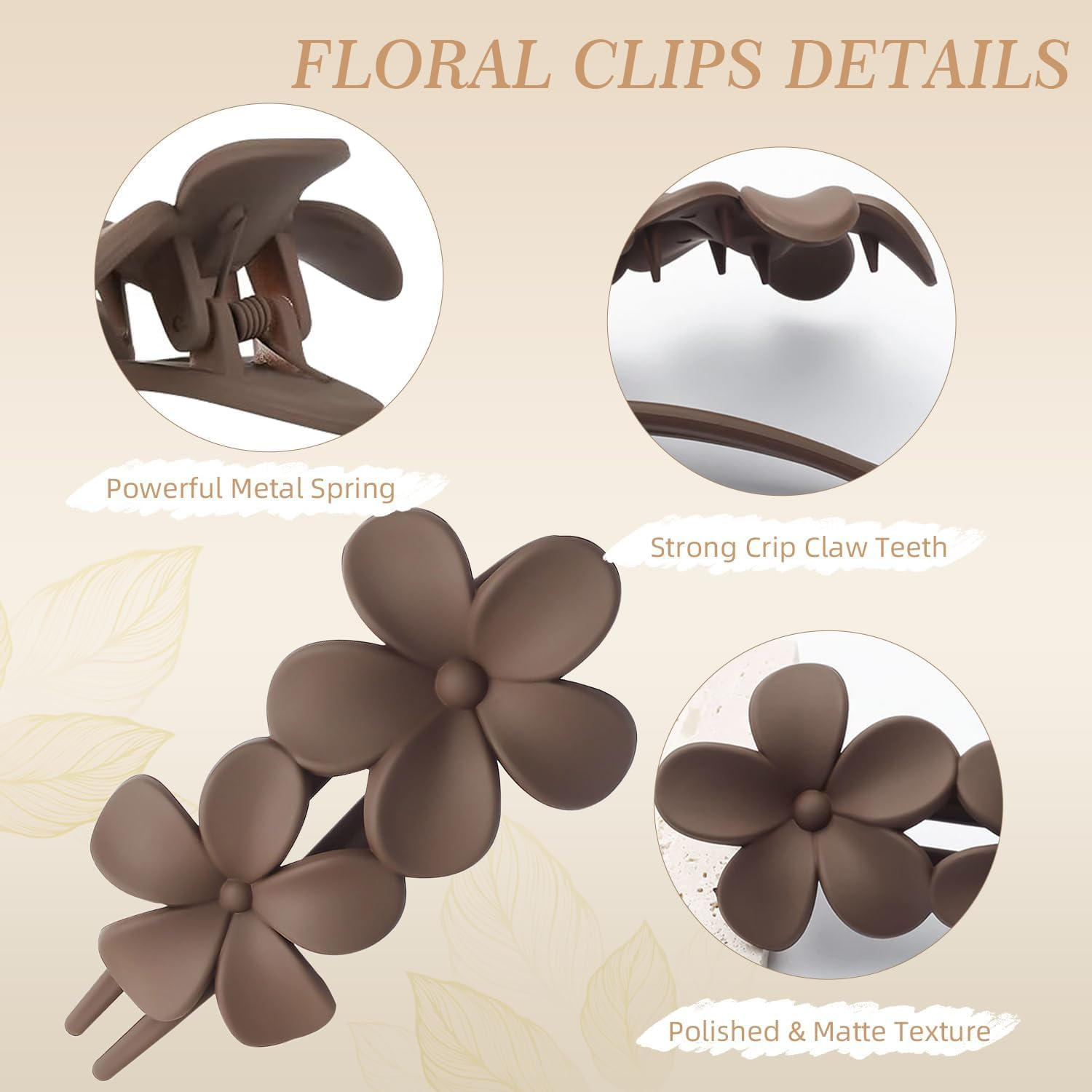 6PCS Matte Flat Hair Clips for Women Girls, 2 Styles Durable Flat Hair Claw Clips for All Hair Types, Durable No Slip Flower Lay Claw Barrettes（Light Coffee, Dark Coffee and Black） image number 1