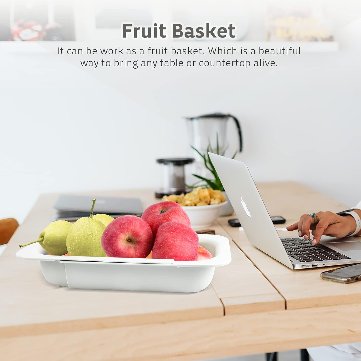 Extendable Colander Strainer over the Sink, Retractable Kitchen Sink Basket to Wash Vegetables and Fruits, Food Strainers to Drain Pasta and Dry Dishes, Plastic Colanders for Sink White Medium - Green image number 7