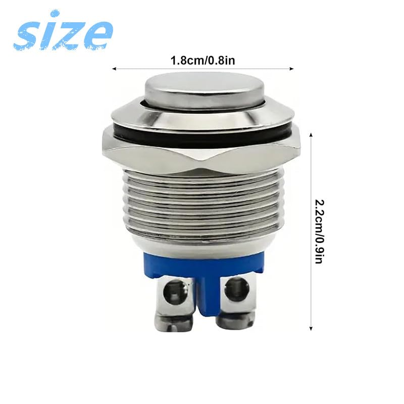 Walquicks 5 PCS 16MM Momentary Push Button Switch, UL Certified Waterproof IP67 Stainless Steel High round Cap, 250V AC 5A 12V-36V DC 2A, High Flush Screw Terminals image number 1