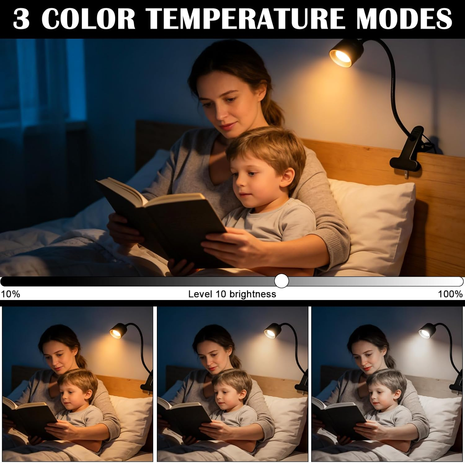 LED Reading Lamp Clamp Light, Dimmable Clamp Lamp with Switch Plug, 3 Colour Temperatures, Gooseneck Design with Beam, Adjustable 15&deg;-80&deg;, for Reading Indoor Lighting, Bed Night Reading (Black) image number 4