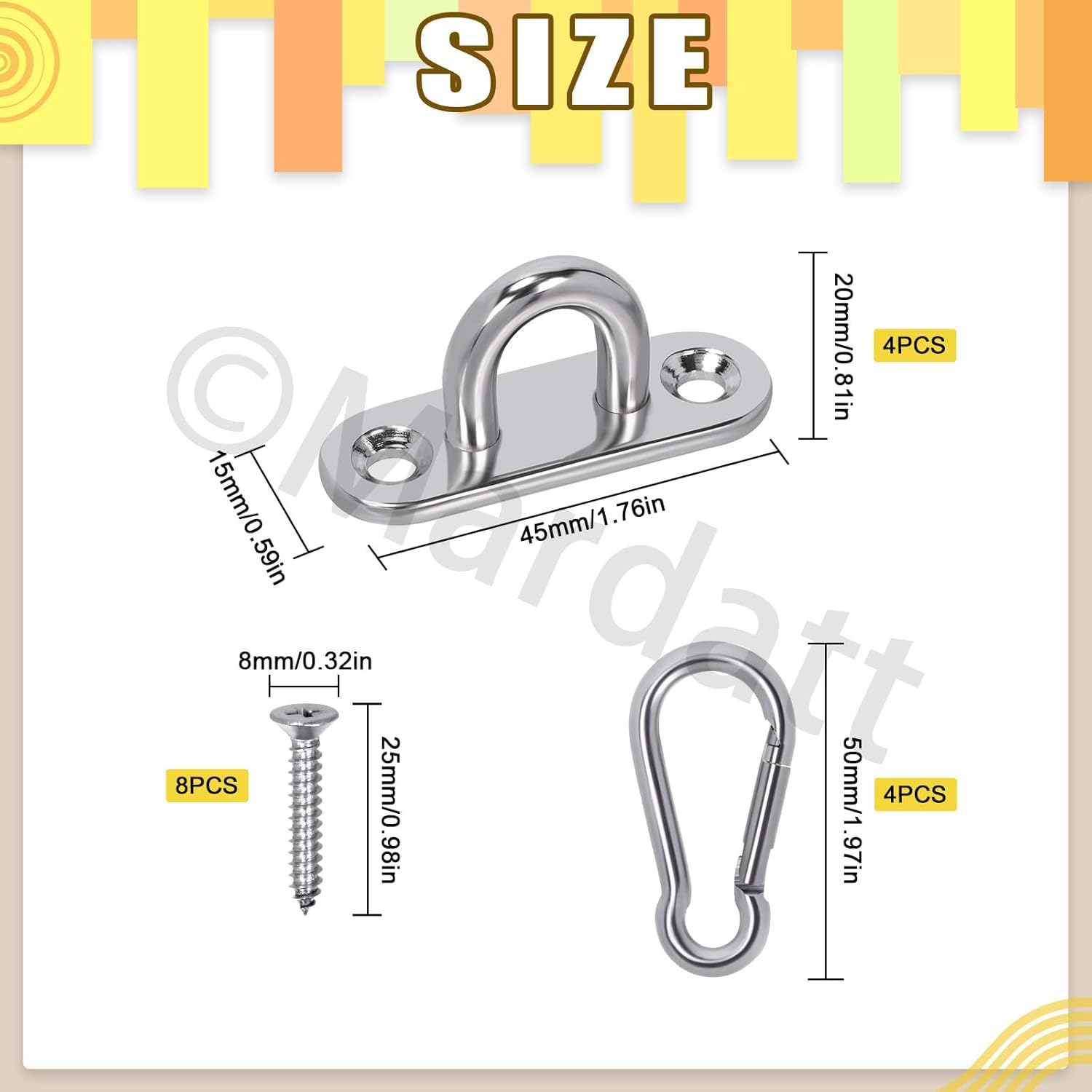 Mardatt 8Pcs 304 Stainless Steel Pad Eye Plate U Hooks Snap Hook, Marine Hardware Staple Hook Loop with Screws Stainless Steel Snap Hook Swivel Hooks Wall-Mounted for Outdoor Indoor Activity image number 1