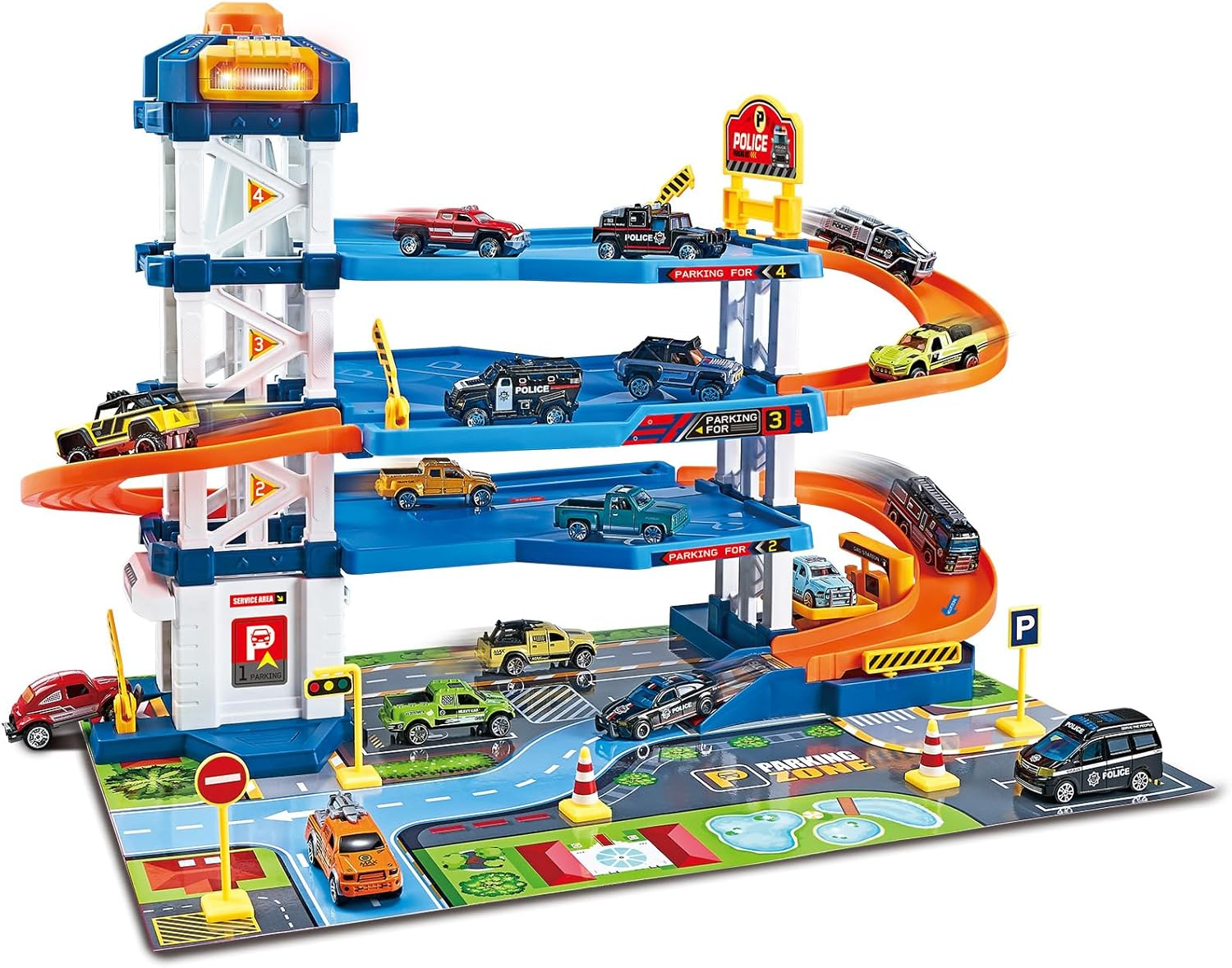 Parking Garage Toy Playset with 6 Little Alloy Construction Cars Adventure Track, Race Car Ramp Track Toys Sets Garage Playset (Red-Pack) image number 1