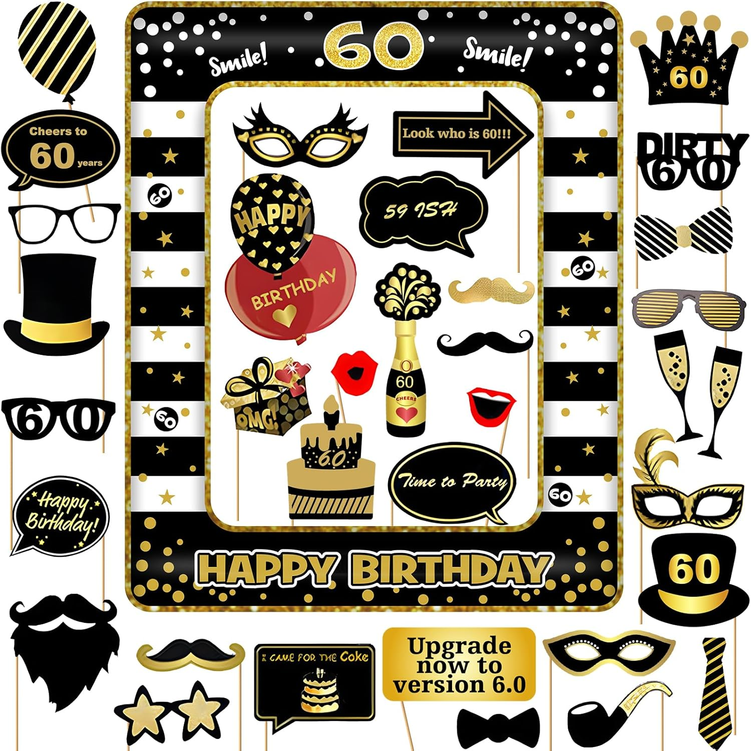 50Th Birthday Photo Booth Props and Inflatable Selfie Frame, 35 Pcs 50Th Funny DIY Birthday Party Props for Women Men, Black Gold Inflatable Party Photo Booth Frame
