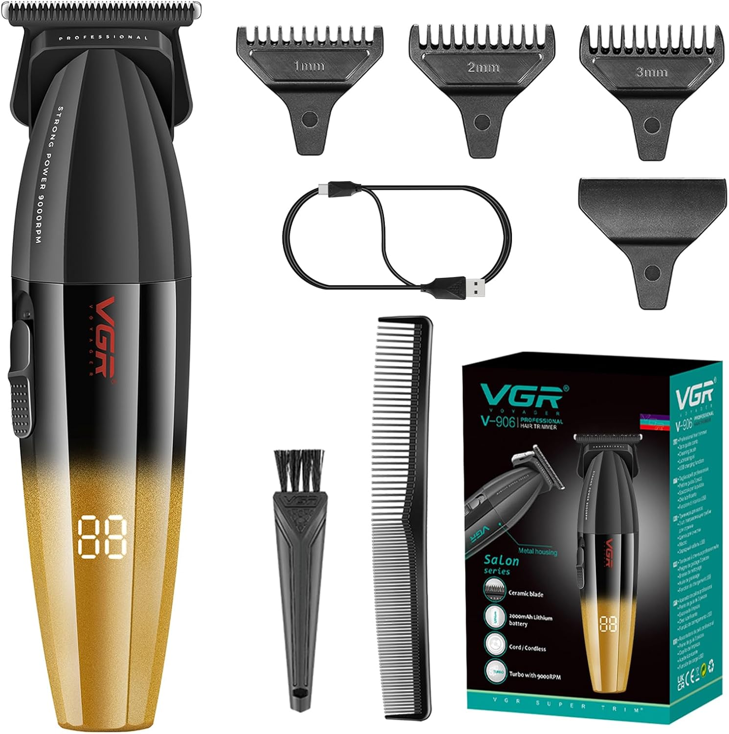 VGR 906 Fresh Fade Professional Hair Trimmer, 9000Rpm, Zero Gapped Beard Trimmer for Men, DLC T-Blade Wireless Hair Clipper/Trimmer for Barbers and USB Rechargeable, Gold