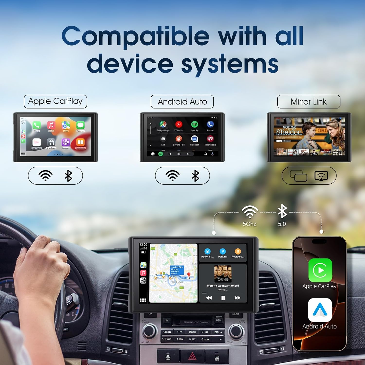KTX Portable Apple Carplay Screen, 7&rsquo;&rsquo; Car Stereo Wireless Car Play & Android Auto Touch Screen, Backup Camera, Mirror Link/Voice Control/Music Play/Gps Navigation image number 6