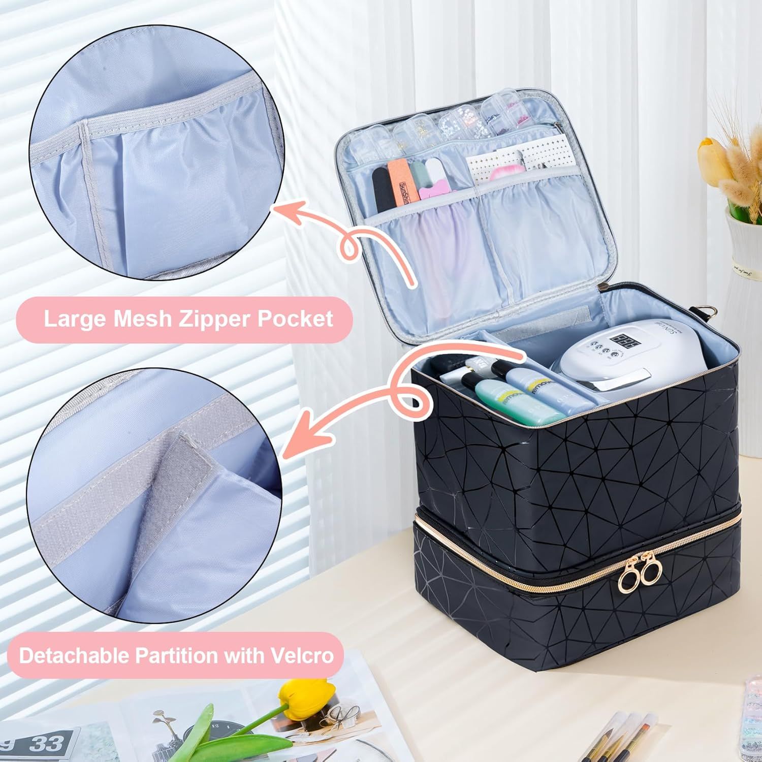 Uross Nail Polish Organizer Bag Holds 30 Bottles Polish & Kit -Nail Polish Storage Organizer Nail Lamp Case Supplies Organizer Case for Nail Tech Big - Black image number 4