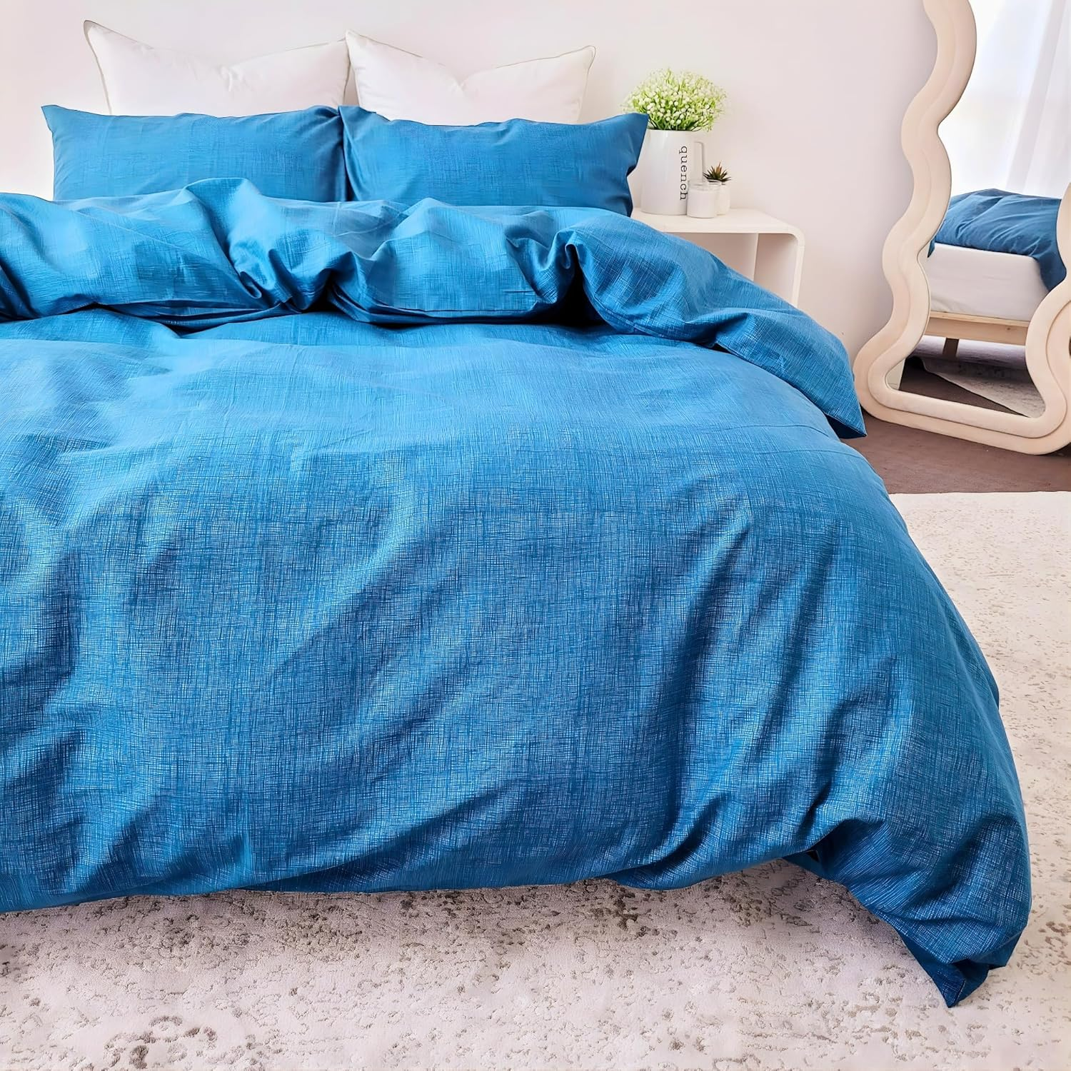 Queen Bed Quilt Cover Set - Blue Doona Cover - 100% Cotton Bedding & Linen - Textured Print Bedding Duvet Cover Sets (3Pcs, Queen) image number 4
