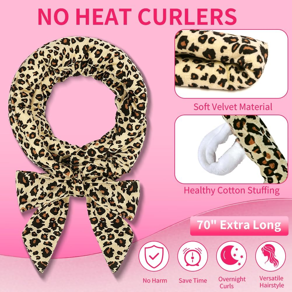 AOOWU Overnight Curlers, 9 Pieces Velvet Heatless Overnight Curls with Headband Curls Band for Sleeping, Band Curls without Heat, 70 Inch Hair Rollers DIY for Long Medium Hair, Leopard Print image number 2