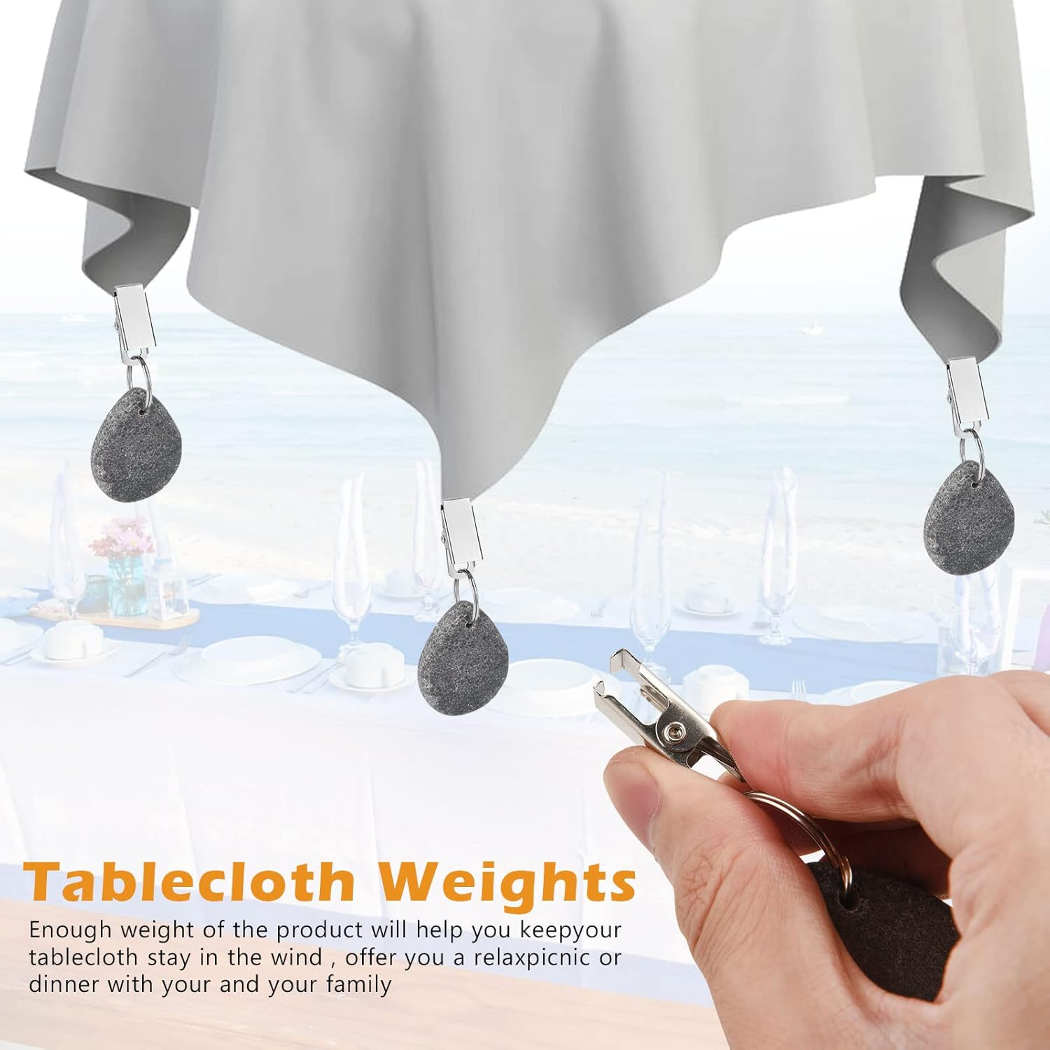 Tablecloth Weights, 8 Pcs Tablecloth Pendants with Clips, Heavy Duty Marble Table Cloth Weights for outside Table, Table Clips for Home Picnic Wedding Tables Decoration image number 4