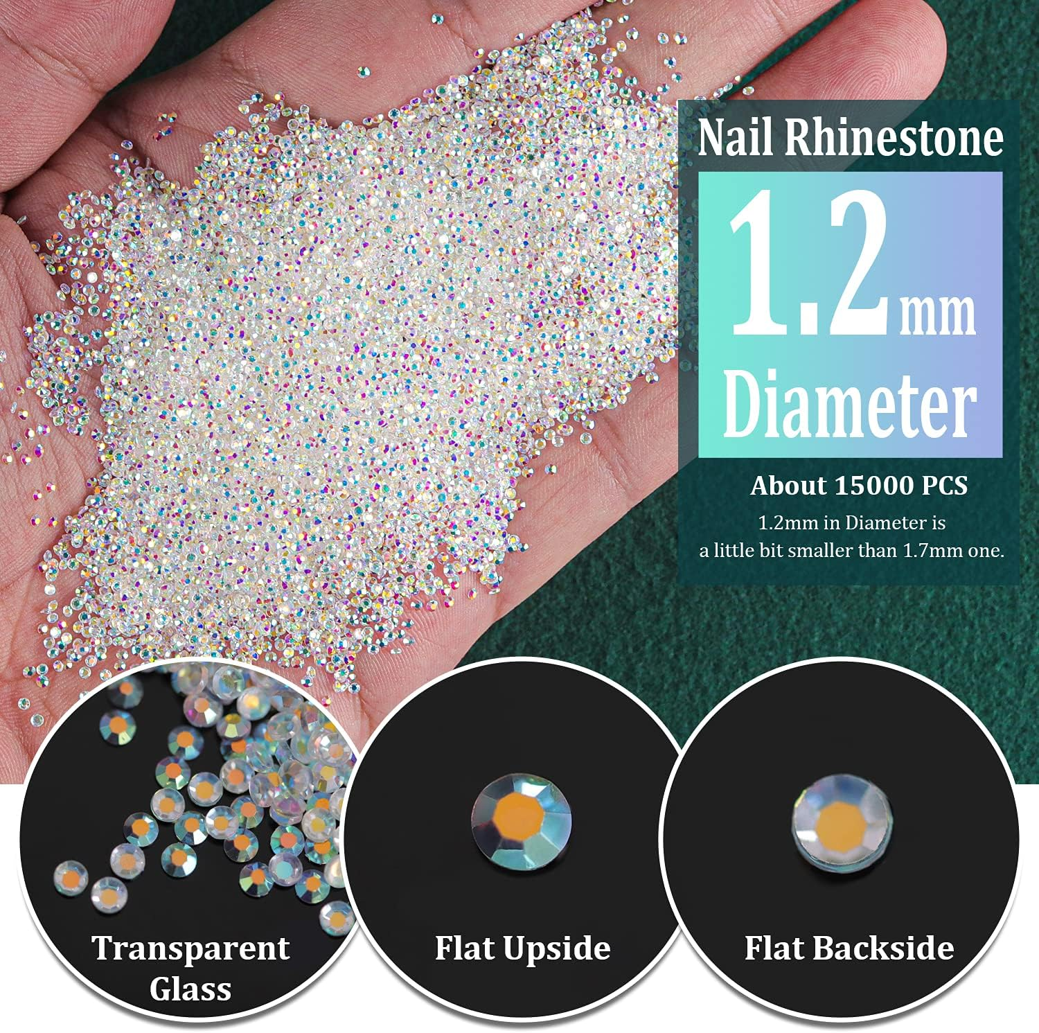Tiny Nail Rhinestones 15000Pcs 1.2Mm Ultra Mini Pixie AB Glass Crystals for Nail Art Manicure Iridescent Long Lasting Shine Small Rhinestone Micro Dust Glitter Caviar Bead Sugar Gem image number 5