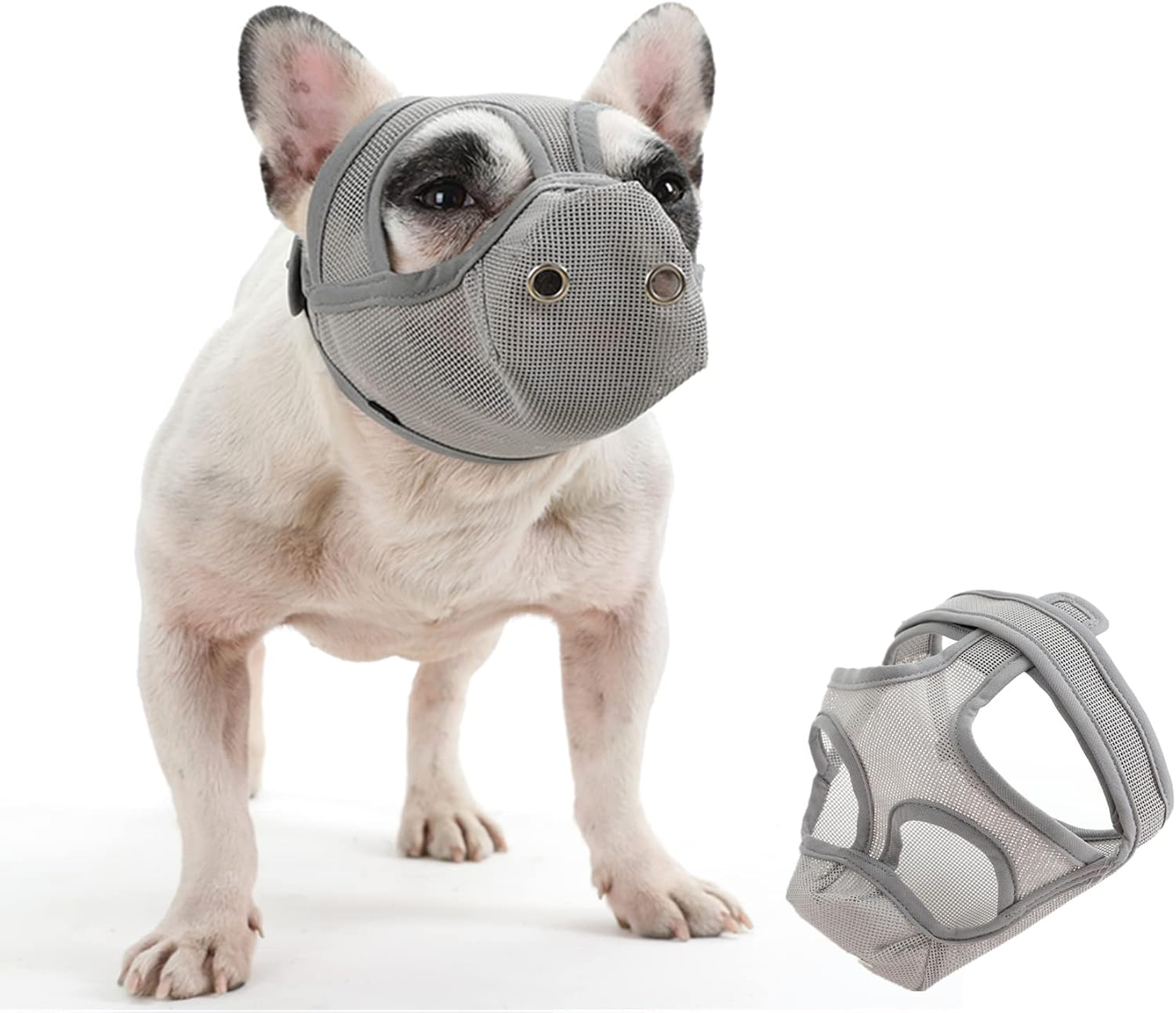 Short Snout Dog Muzzle - Adjustable Breathable Mesh for Bulldogs, Anti-Biting and Training, Can Stick Out Tongue and Drink Water (S 15.3"-16.1", Grey)