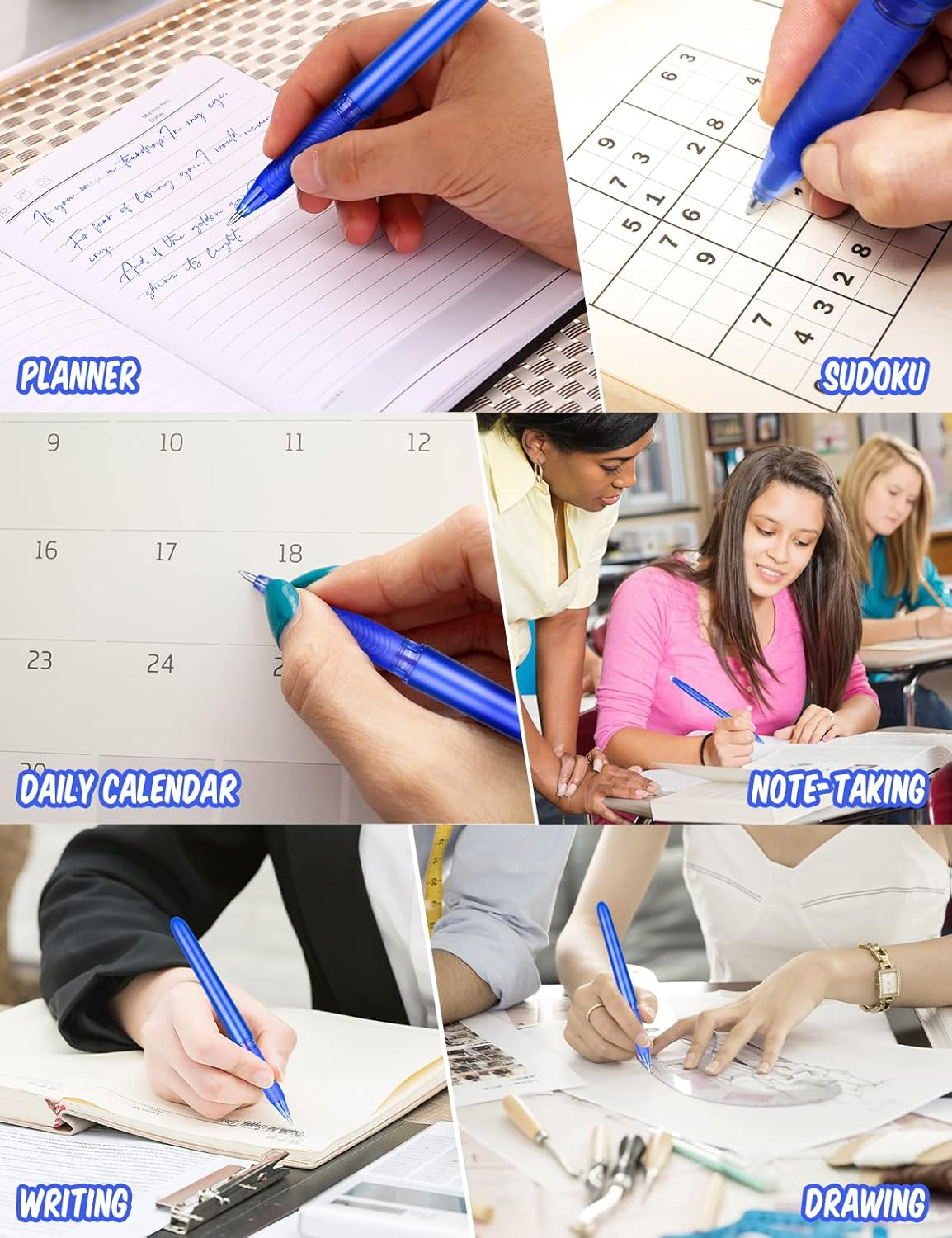 JR.WHITE Erasable Gel Pens - 8 Rubber Tip Pens, Fine 0.5Mm Erasable Pen for School, Office & Stationery Supplies (8 Blue) image number 5