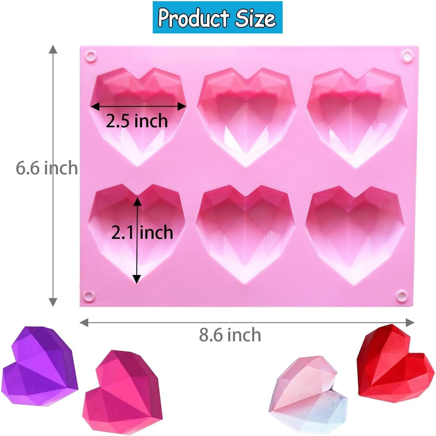 2 Pcs 3D Diamond Heart Silicone Mold, 6 Cavity Silicone Chocolate Moulds, Non Stick Chocolate Mould Baking Dessert Molds for Chocolate, Pudding, Jelly, Ice Cubes, Soap image number 2