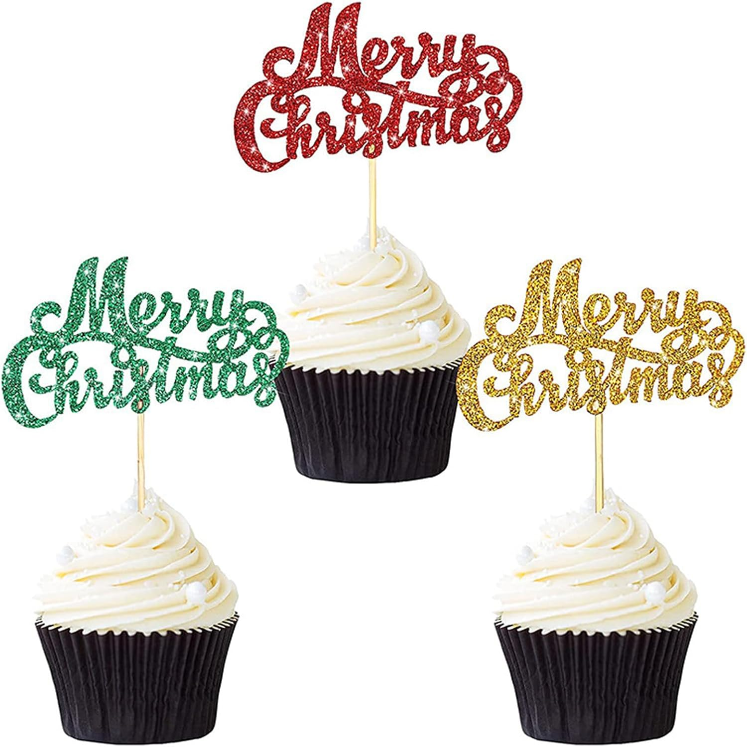 24Pcs Merry Christmas Cupcake Toppers Green Red Gold Glitter Christmas Cupcake Picks Merry Christmas Theme Happy New Year Party Cake Decorations Supplies image number 6
